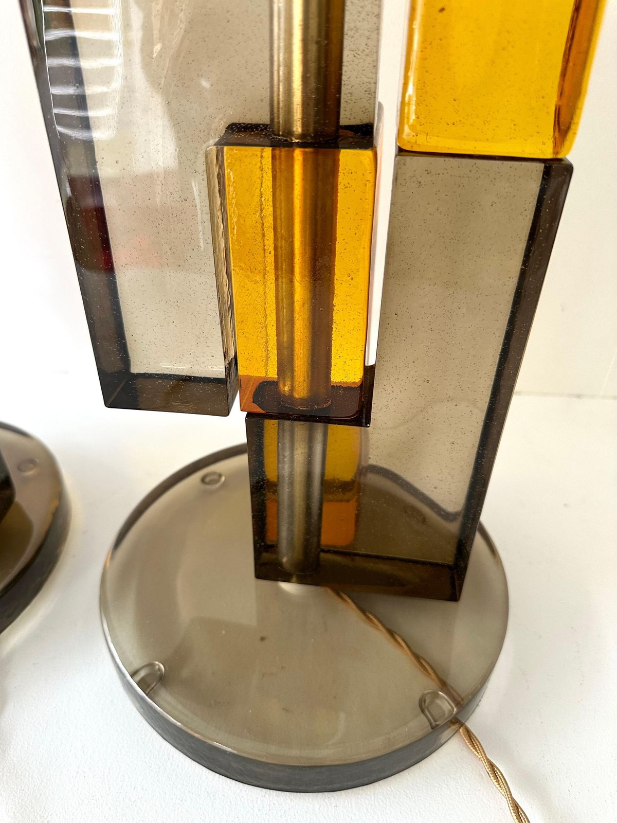 Lighting Contemporary Pair Of Lamps Amber Smoke Cubic Murano Glass And Brass, Italy photo