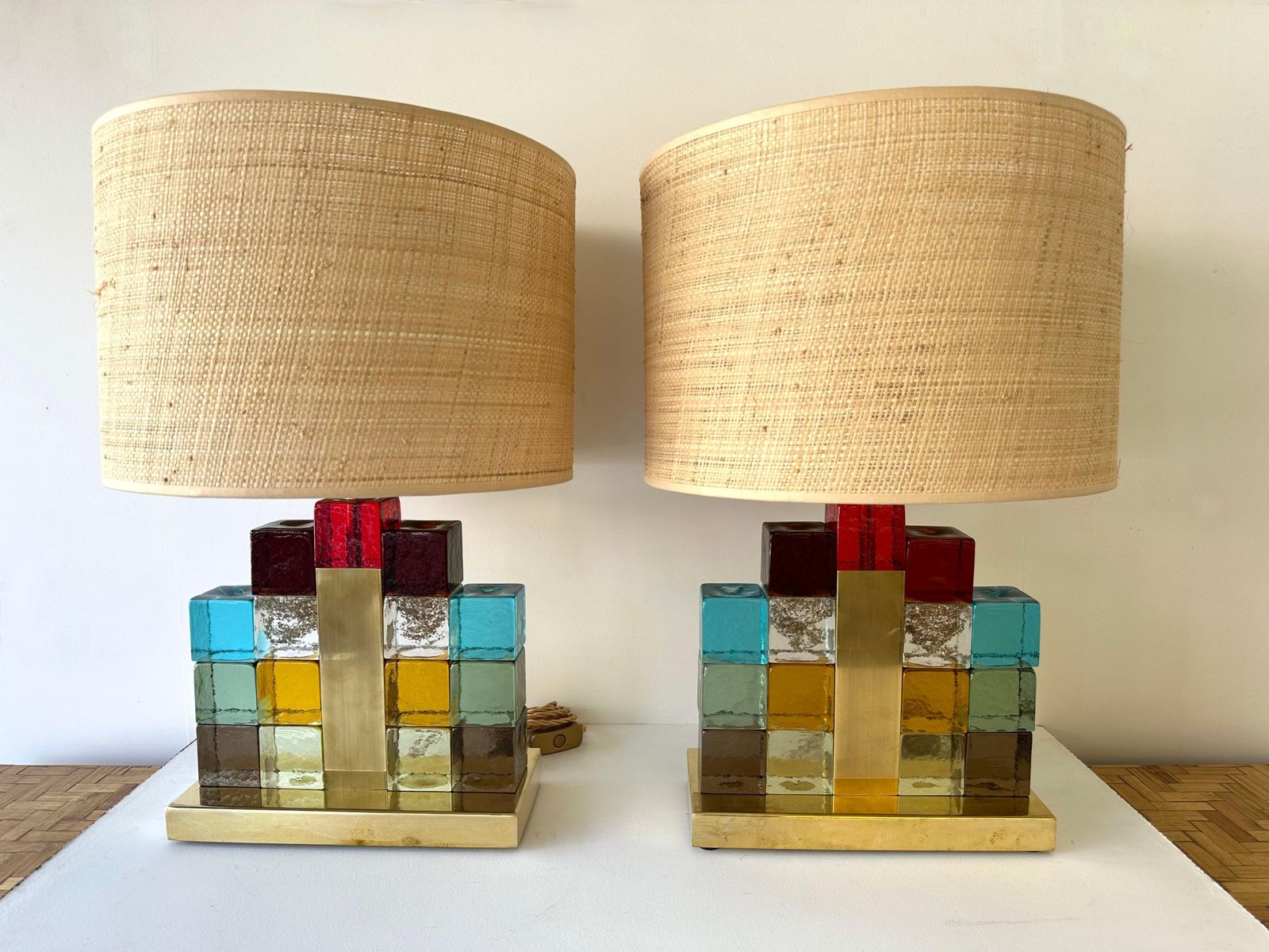 Contemporary Pair Of Lamps Multicolors Cubic Murano Glass And Brass, Italy photo 3592.0
