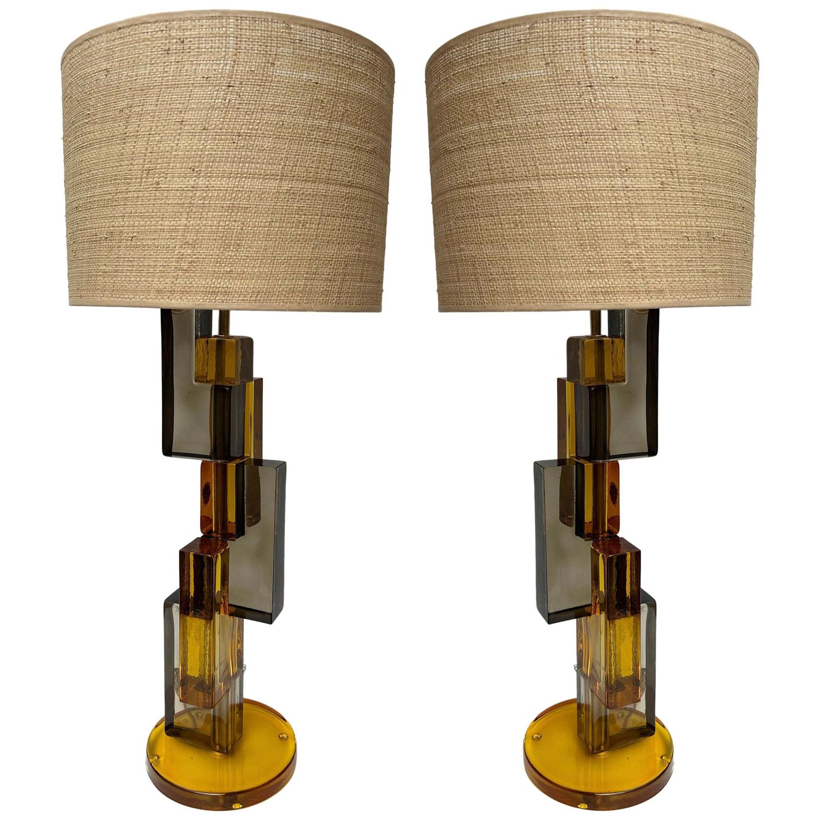 Contemporary Pair Of Lamps Amber Smoke Cubic Murano Glass And Brass, Italy