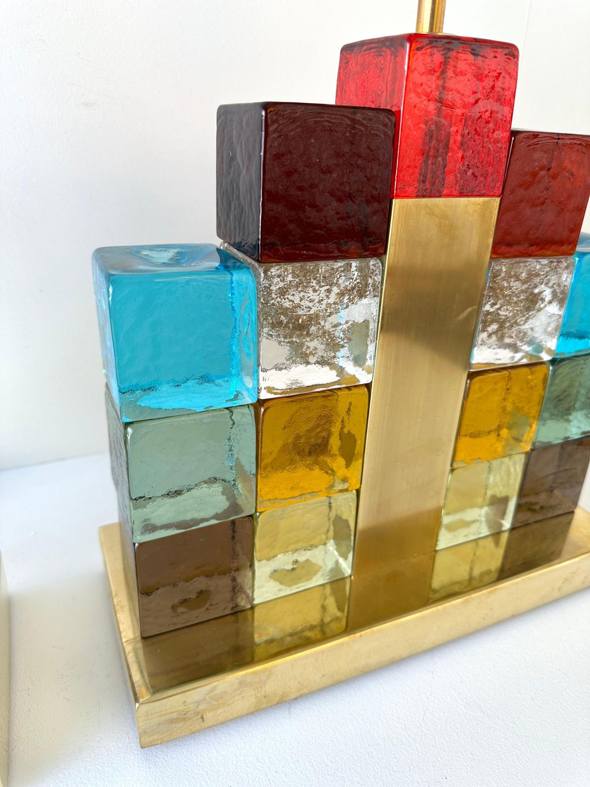 photo for sale Contemporary Pair Of Lamps Multicolors Cubic Murano Glass And Brass, Italy