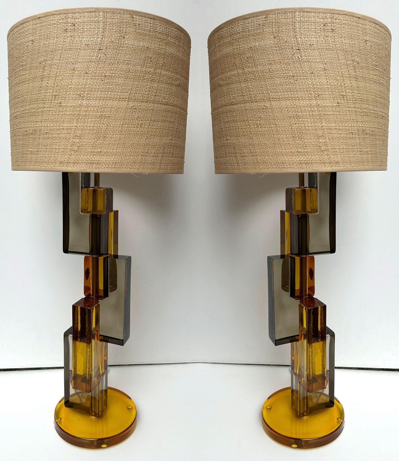 Contemporary Pair Of Lamps Amber Smoke Cubic Murano Glass And Brass, Italy photo Lighting