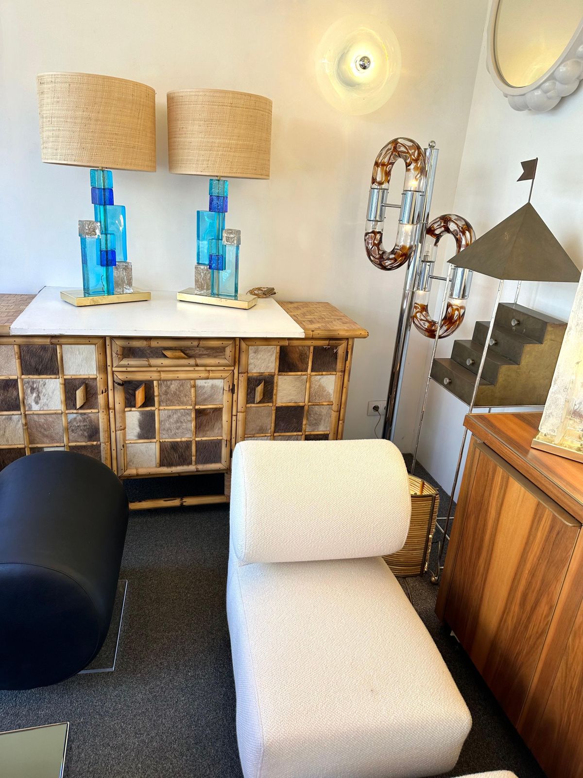 Contemporary Pair Of Lamps Blue Gold Powder Cubic Murano Glass And Brass, Italy photo furniture