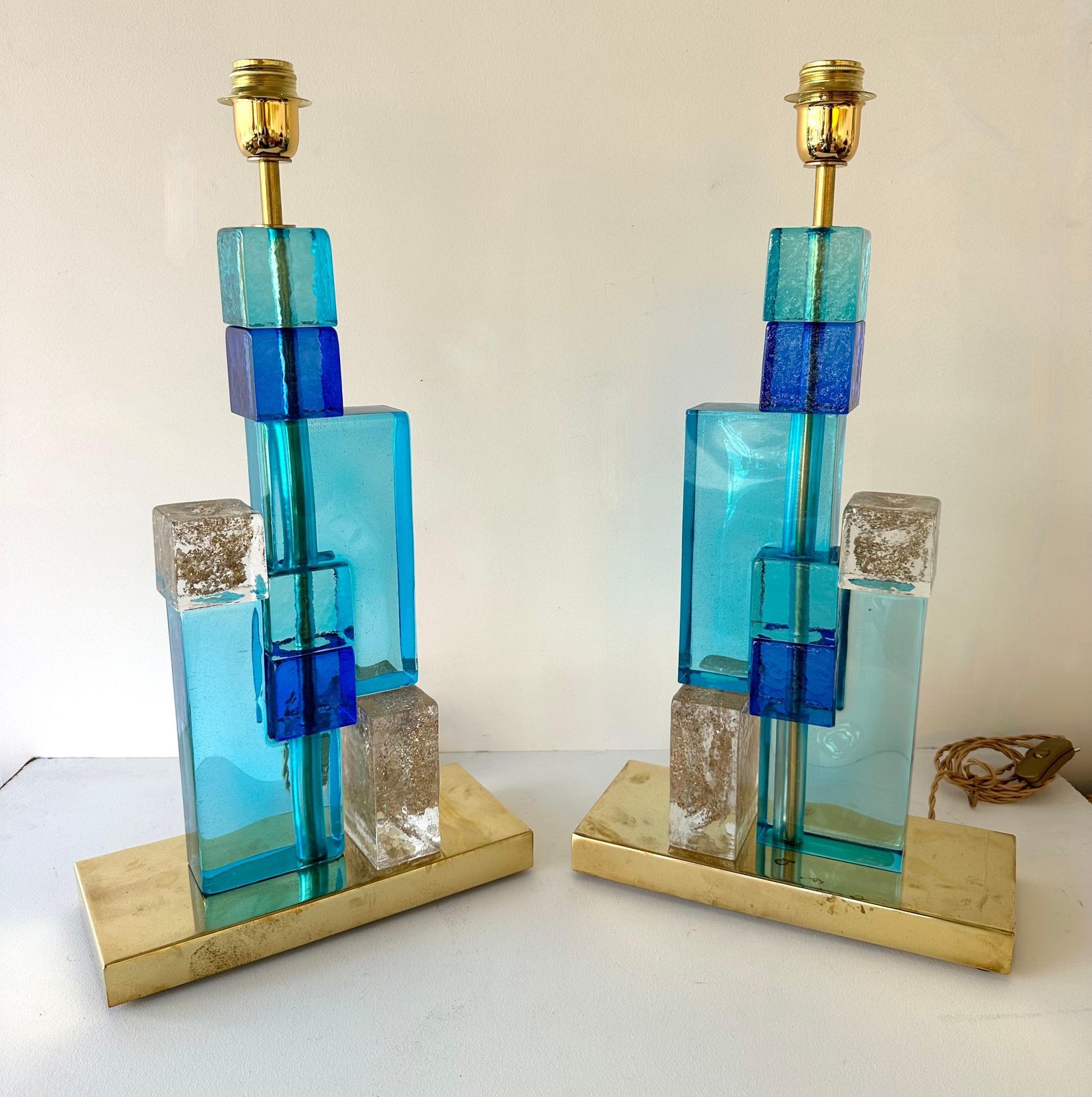 Contemporary Pair Of Lamps Blue Gold Powder Cubic Murano Glass And Brass, Italy photo Lighting