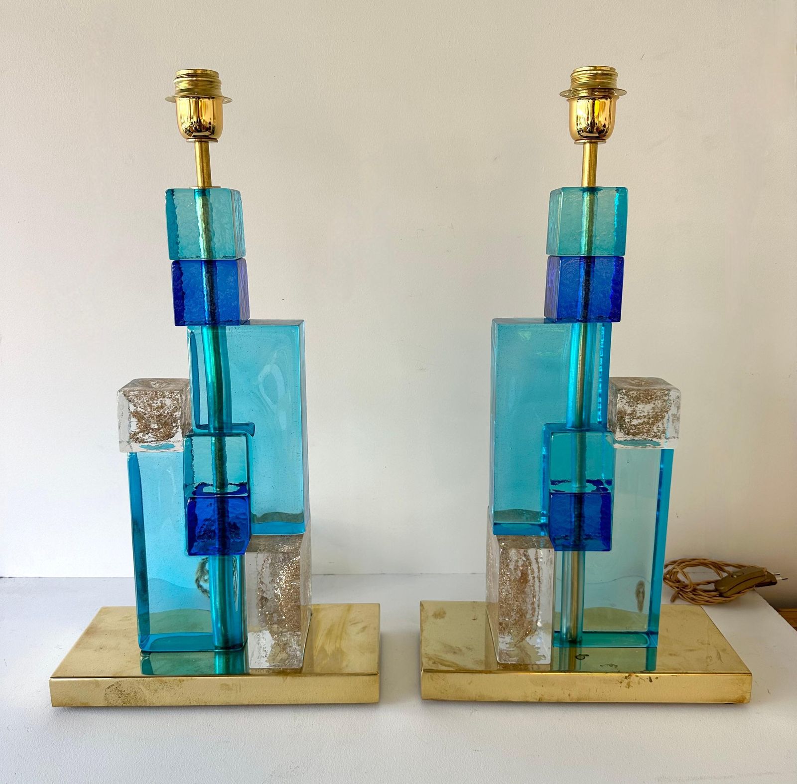 Contemporary Pair Of Lamps Blue Gold Powder Cubic Murano Glass And Brass, Italy photo 3678.0