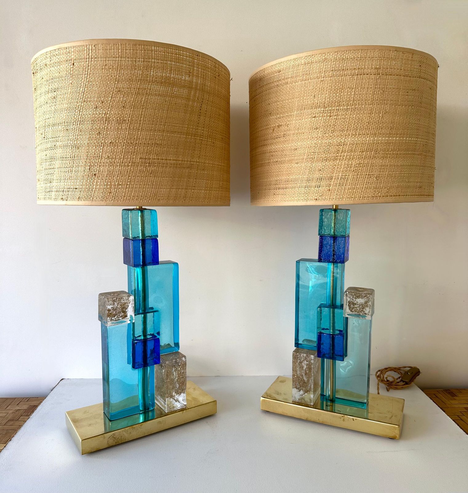 Contemporary Pair Of Lamps Blue Gold Powder Cubic Murano Glass And Brass, Italy photo vinterior