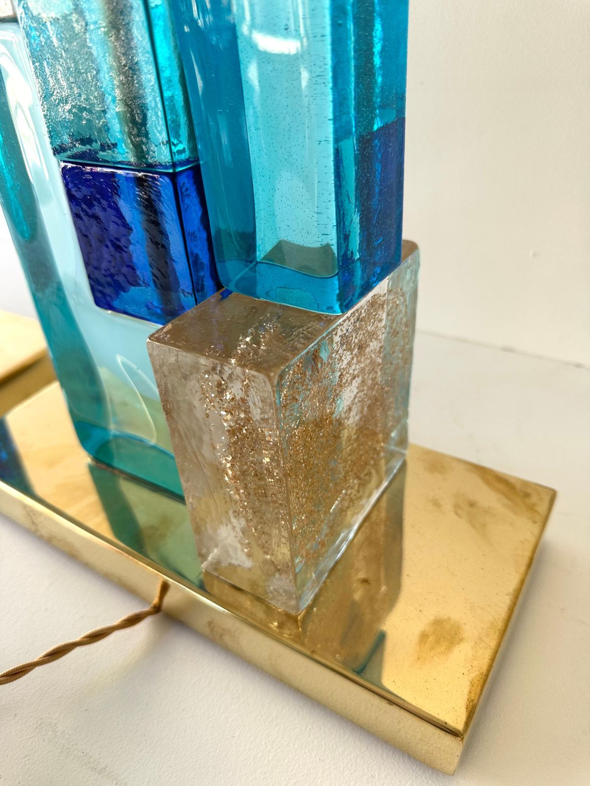 3678.0 Contemporary Pair Of Lamps Blue Gold Powder Cubic Murano Glass And Brass, Italy photo