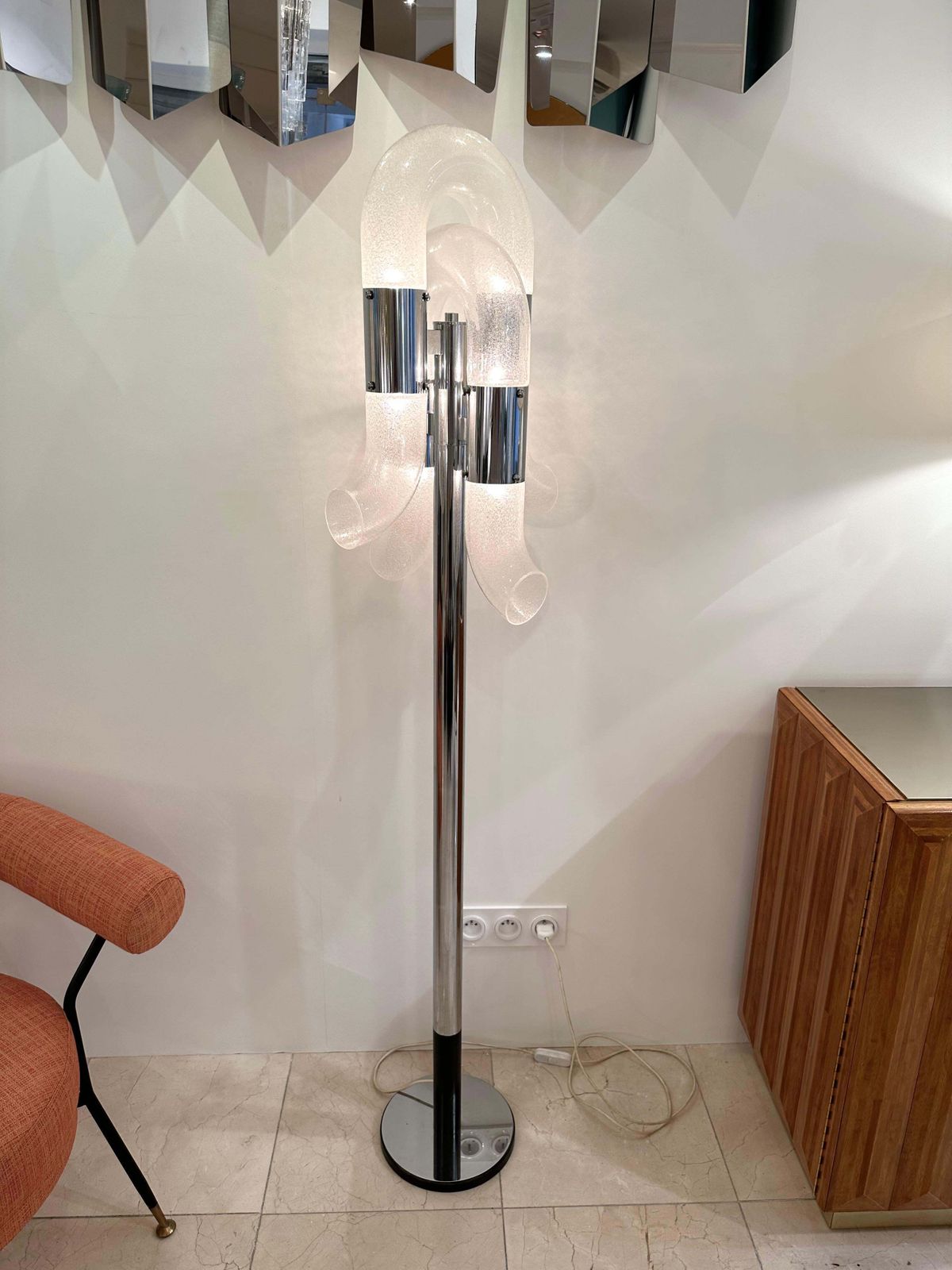 Floor Lamp Metal Chrome Murano Glass By Aldo Nason For Mazzega, Italy, 1970s photo for sale