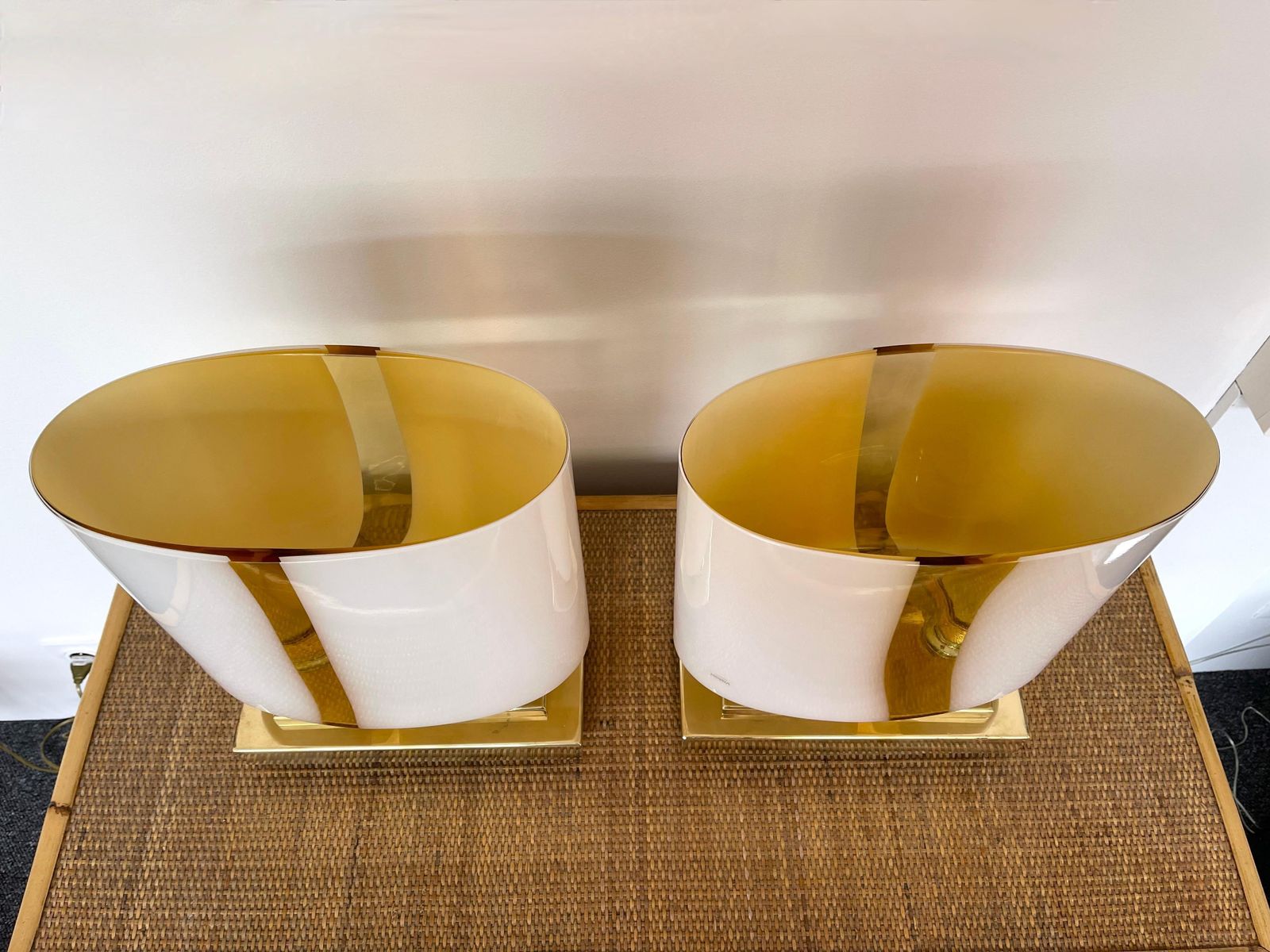 Contemporary Pair Of Brass And Yellow Murano Glass Vase Flame Lamps, Italy photo 3592.0