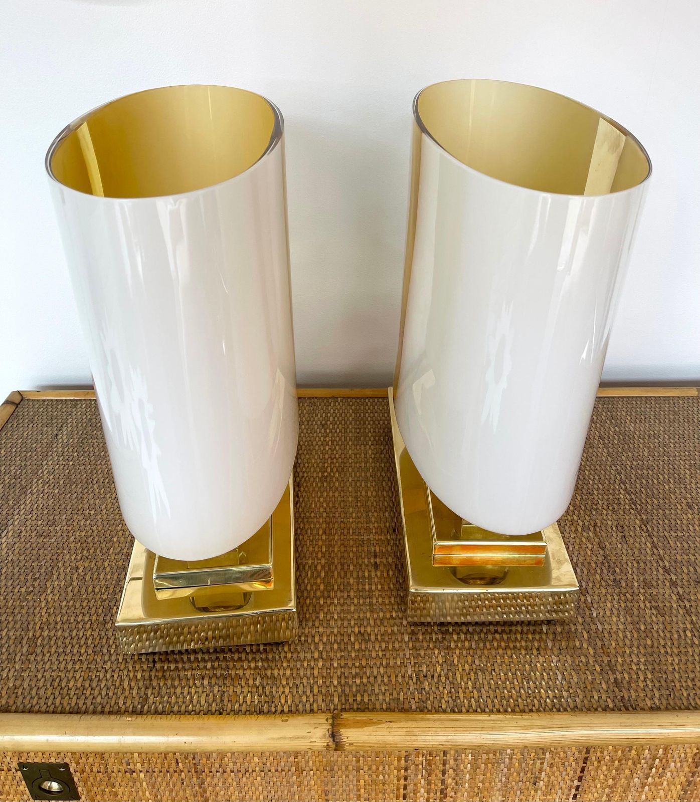photo for sale Contemporary Pair Of Brass And Yellow Murano Glass Vase Flame Lamps, Italy