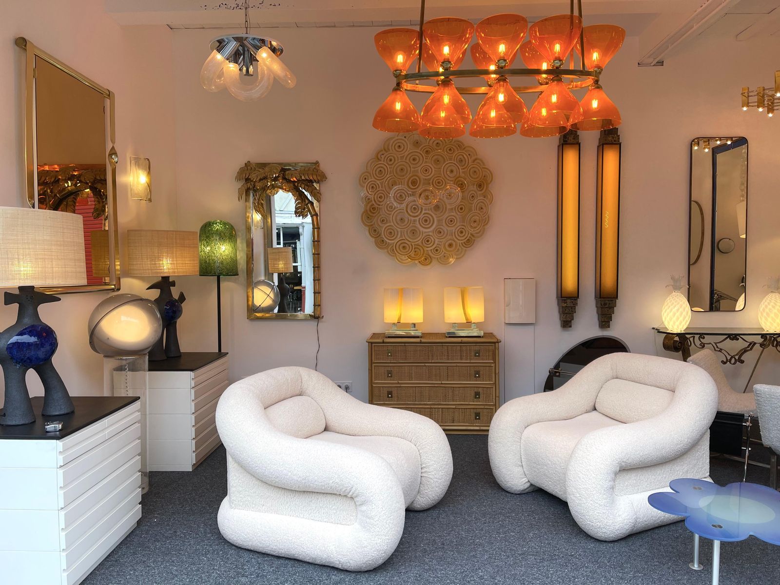 photo vinterior Contemporary Pair Of Brass And Yellow Murano Glass Vase Flame Lamps, Italy