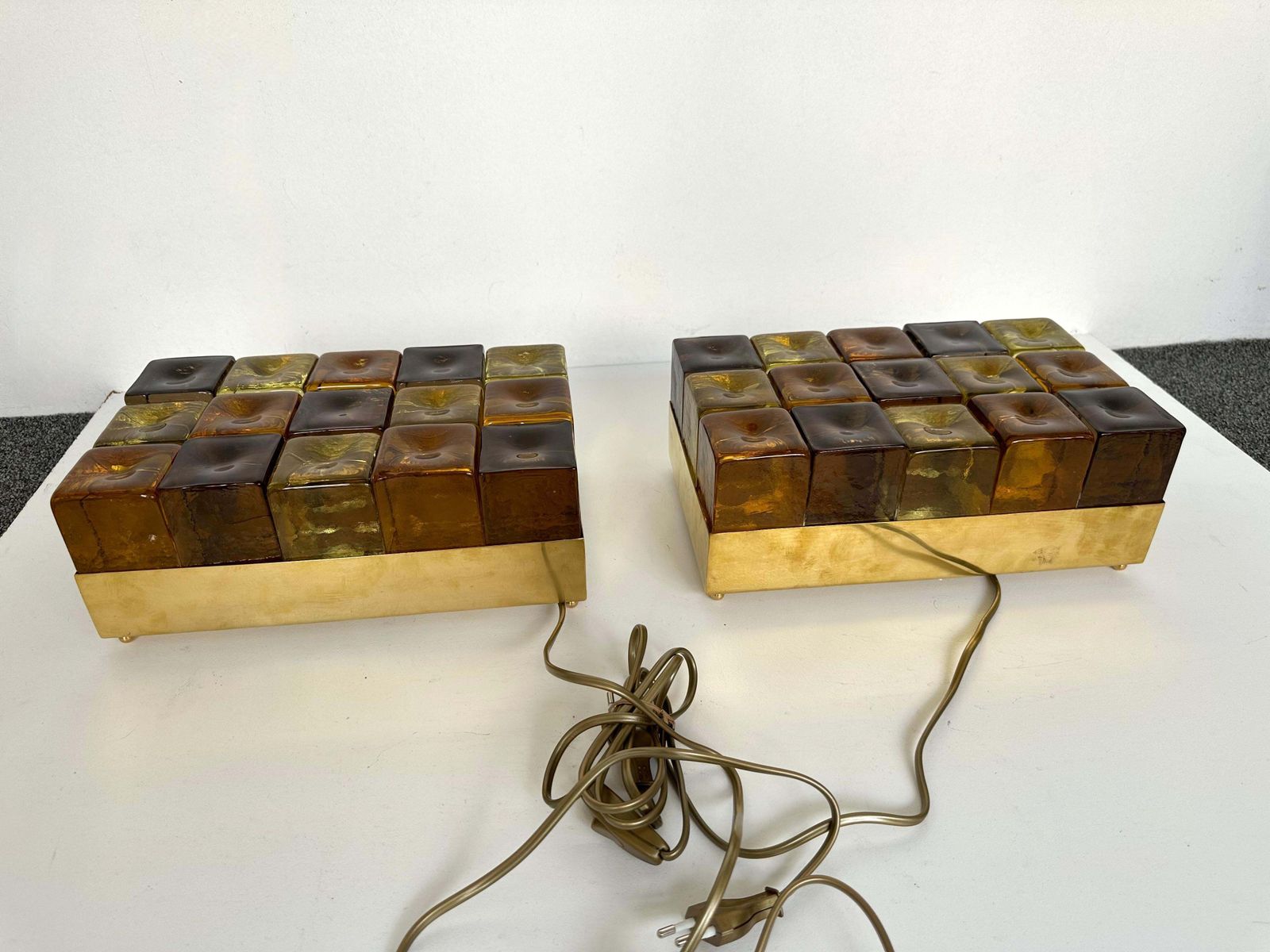 3678.0 Contemporary Pair Of Brass And Murano Glass Cube Marquetry Lamps, Italy photo