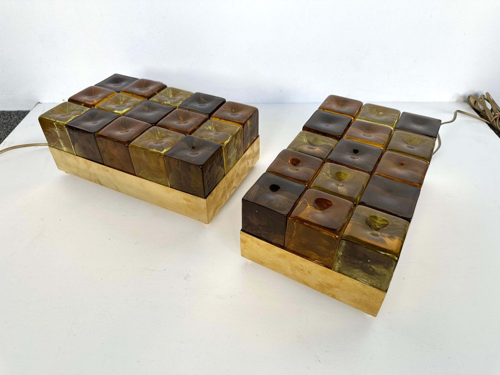 photo vinterior Contemporary Pair Of Brass And Murano Glass Cube Marquetry Lamps, Italy
