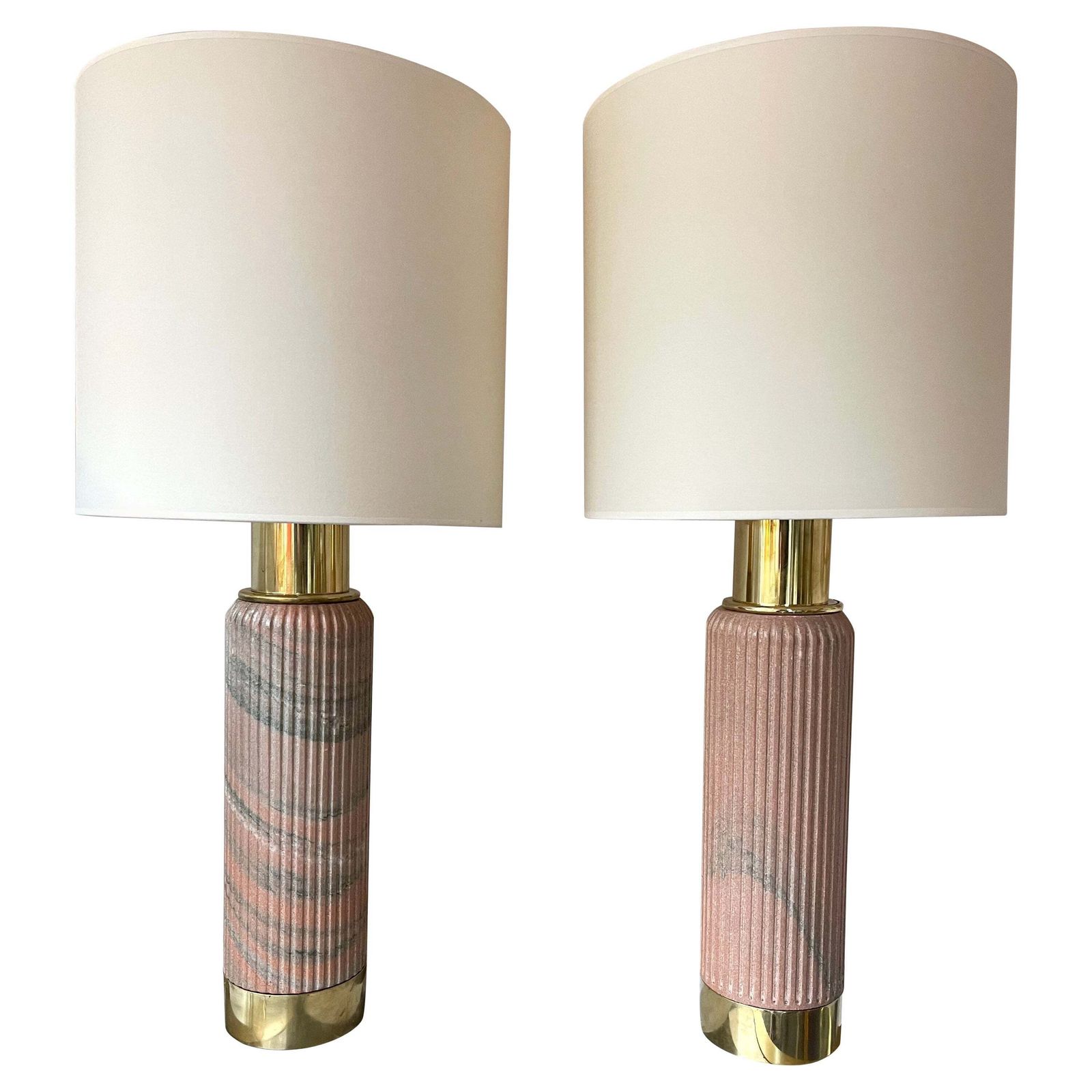 Contemporary Pair Of Brass Lamps Pink Granite Stone, Italy