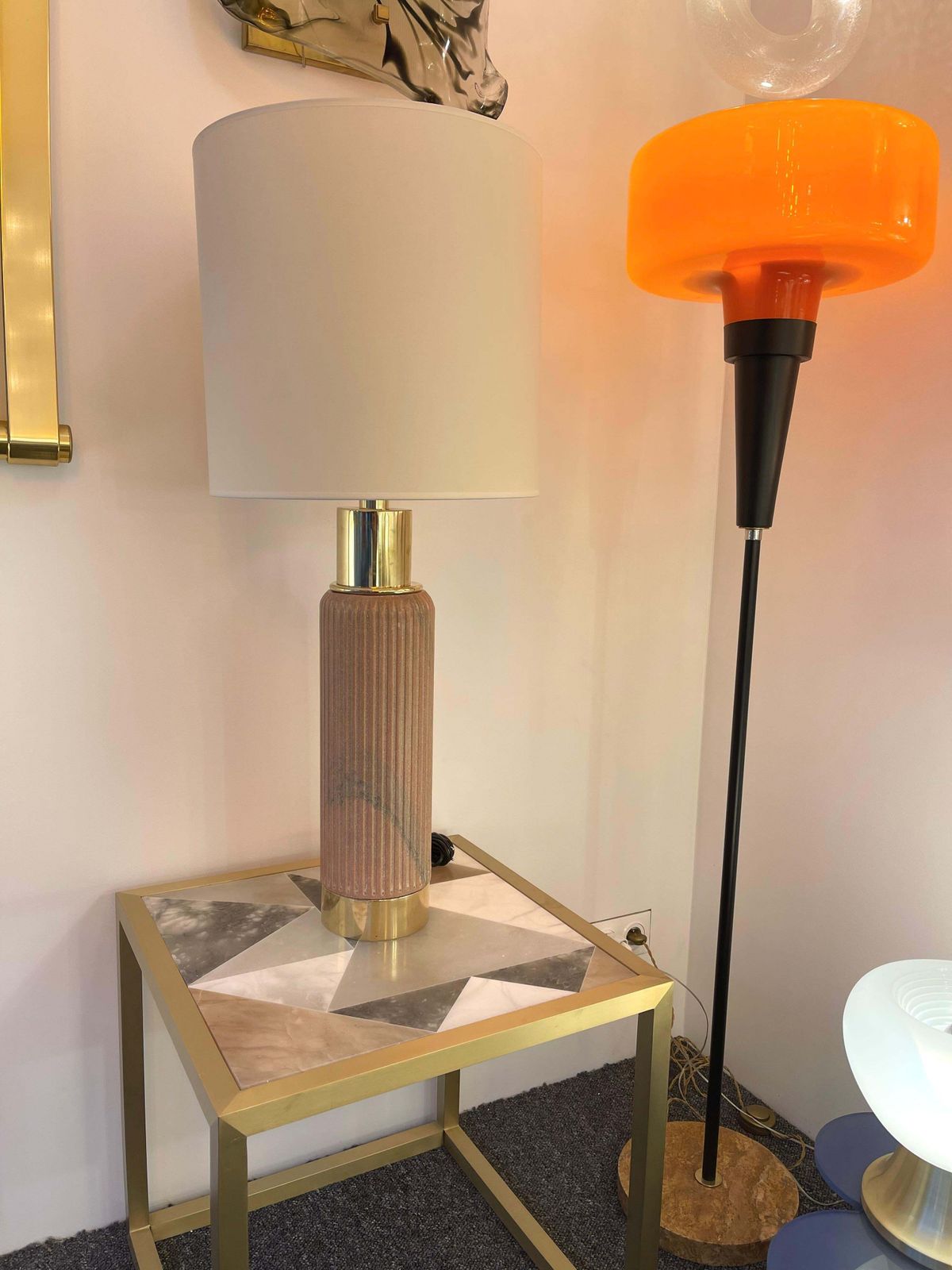 photo furniture Contemporary Pair Of Brass Lamps Pink Granite Stone, Italy