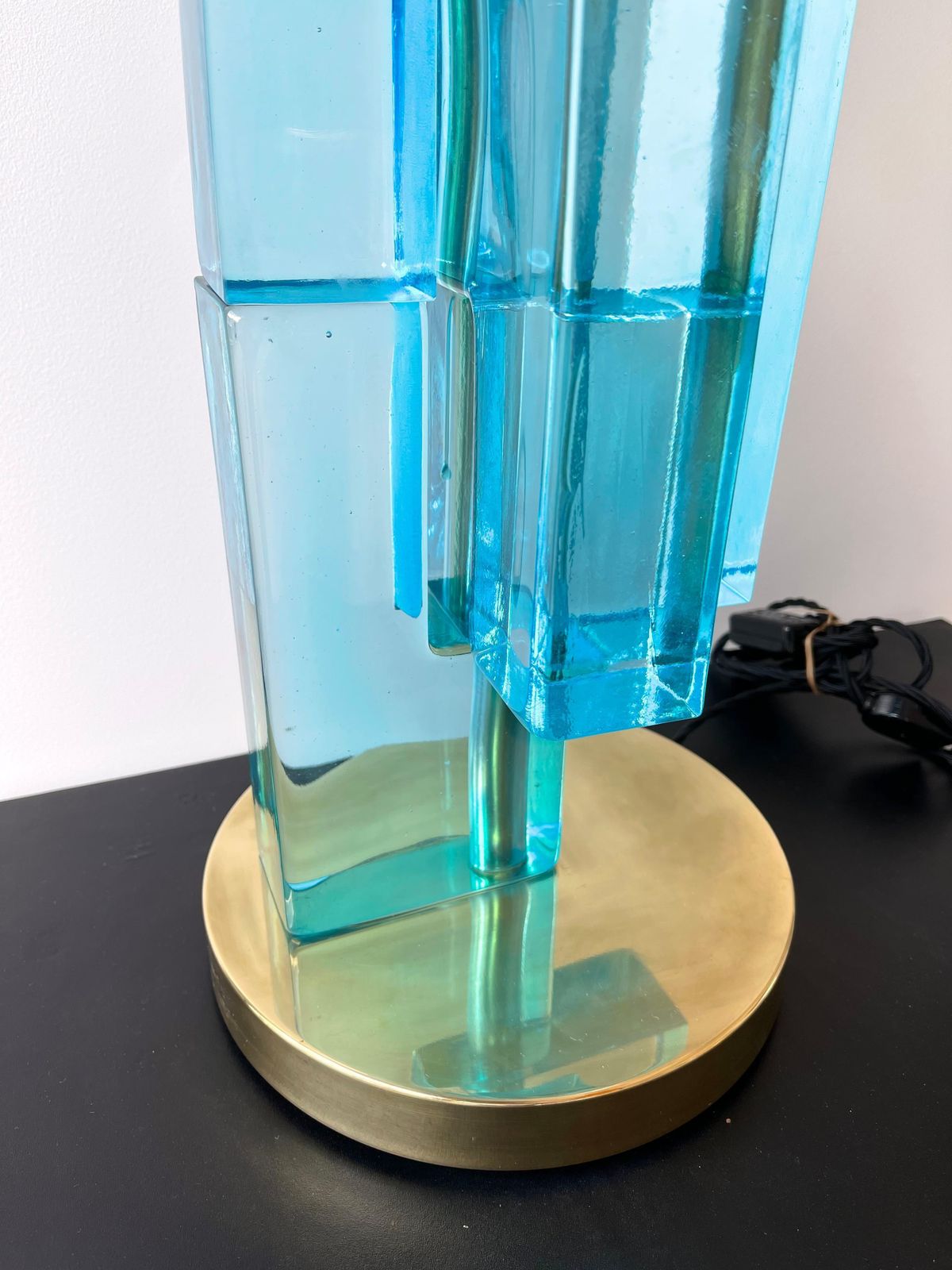 Contemporary Pair Of Lamps Blue Lagoon Cubic Murano Glass And Brass, Italy photo for sale