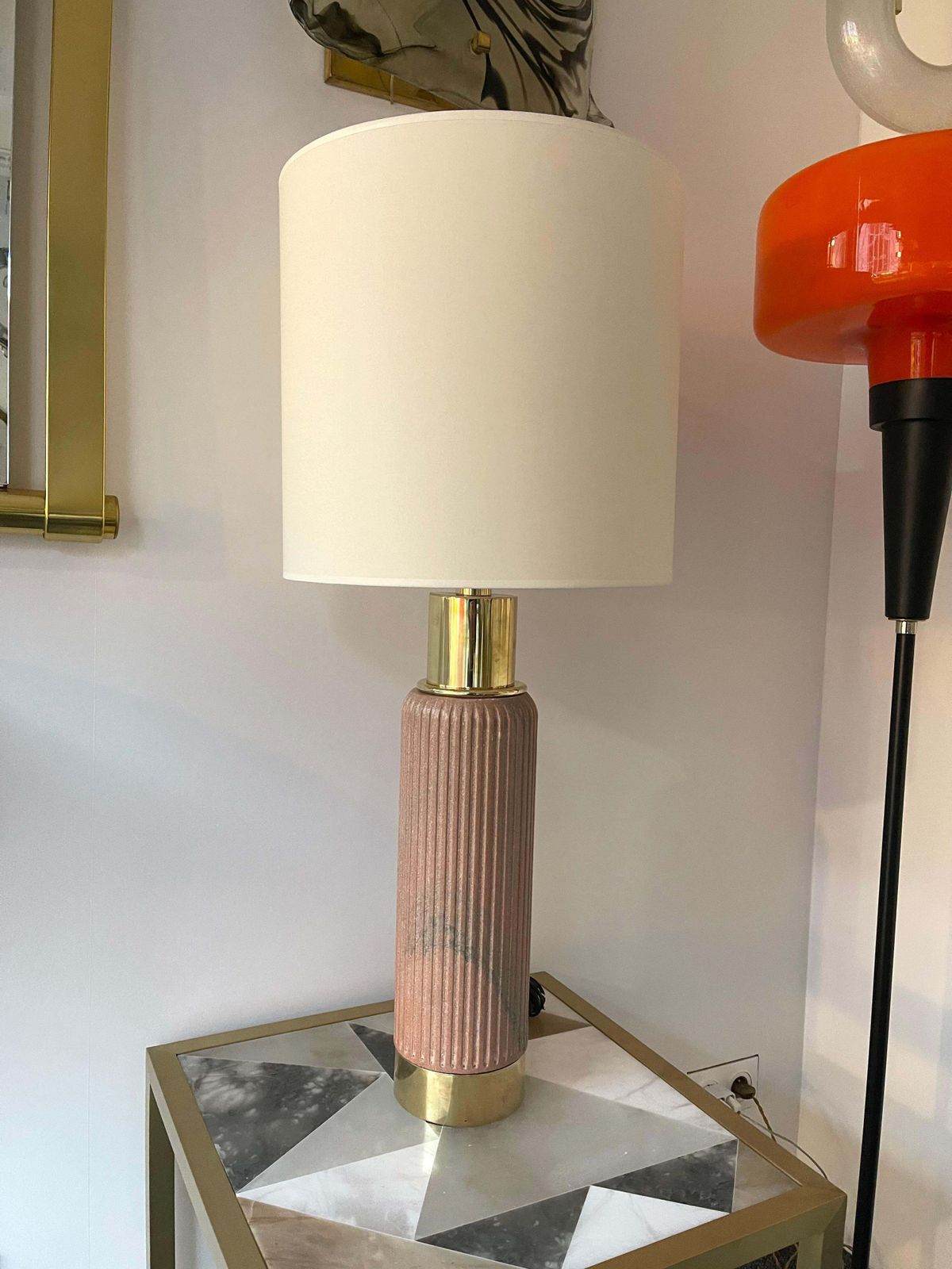 Lighting Contemporary Pair Of Brass Lamps Pink Granite Stone, Italy photo