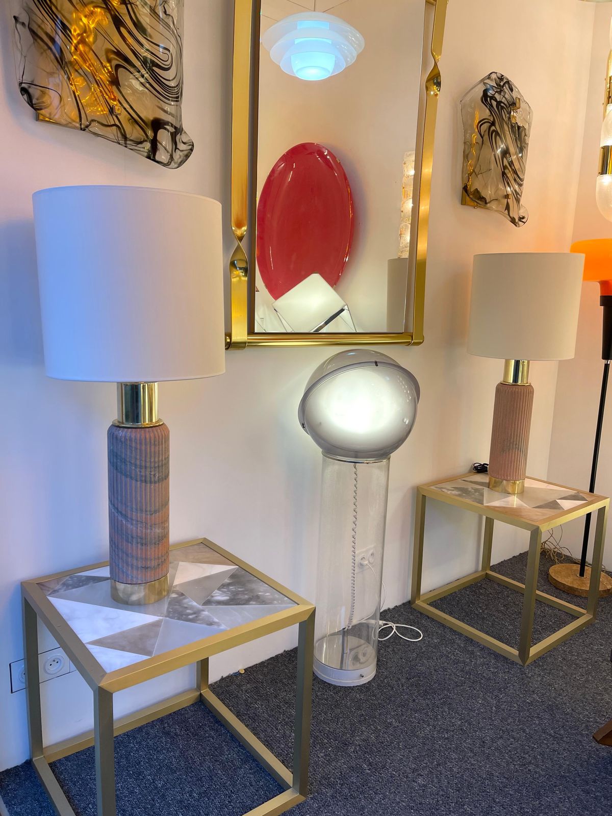 photo buy Contemporary Pair Of Brass Lamps Pink Granite Stone, Italy