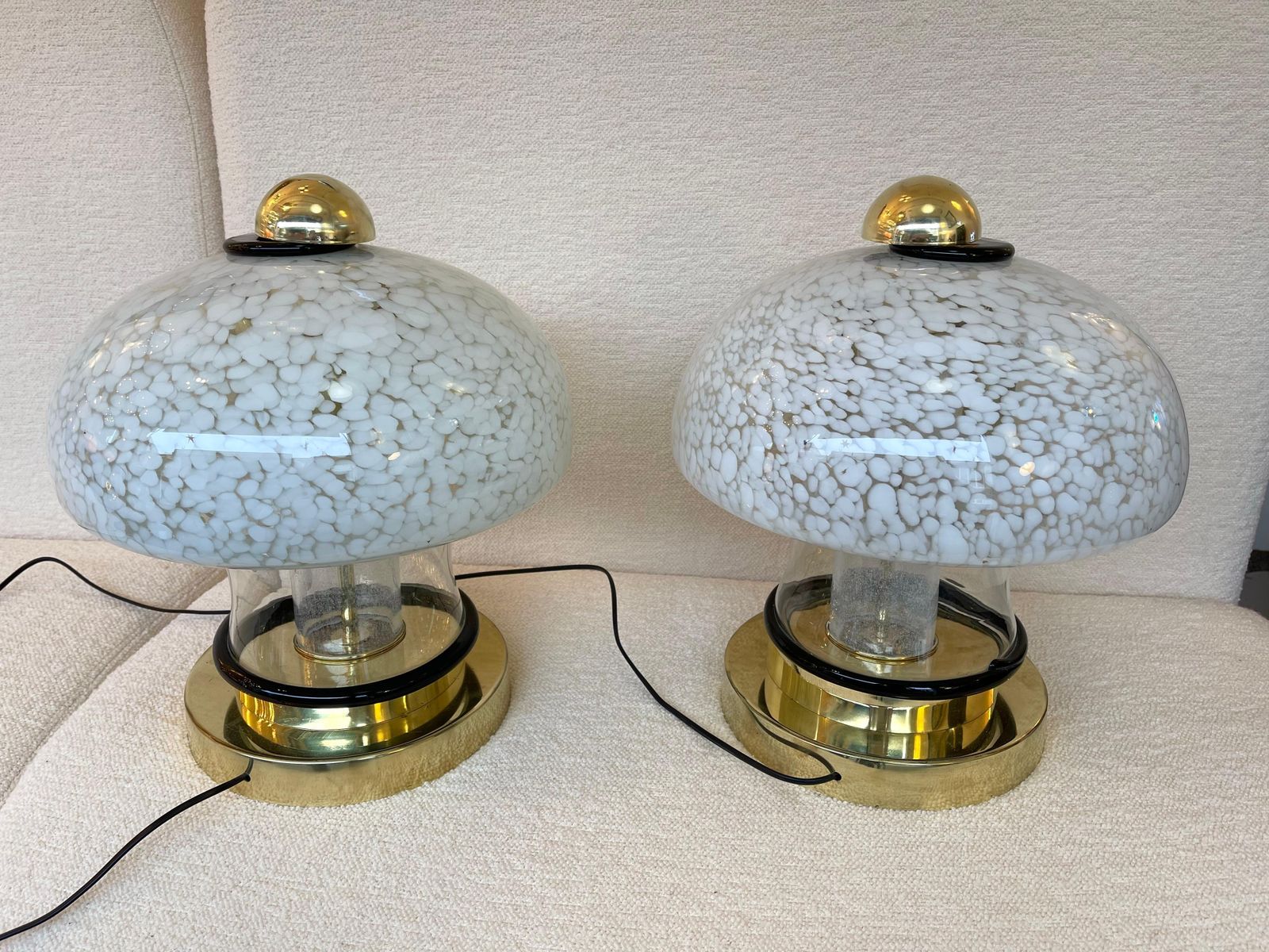 photo for sale Contemporary Pair Of Murano Glass And Brass Mushroom Lamps. Italy