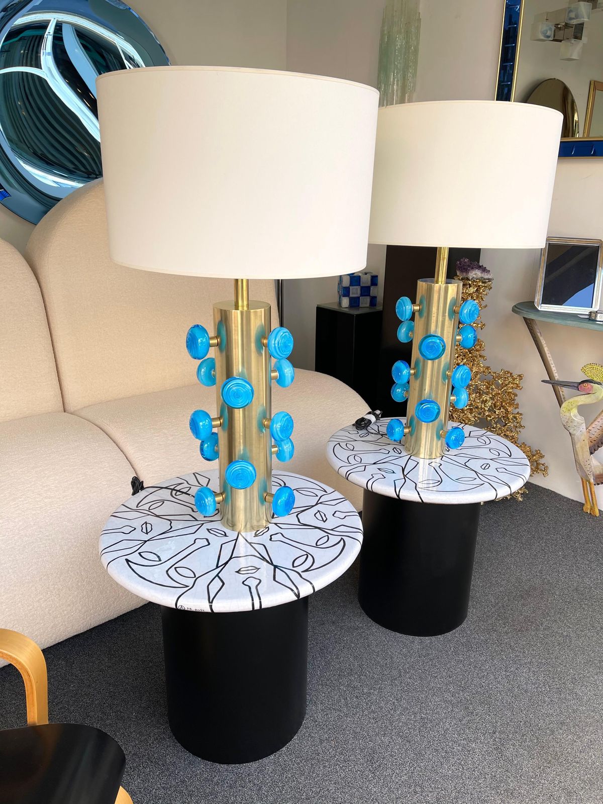 Contemporary Pair Of Brass And Blue Murano Glass Spiral Lamps, Italy photo Lighting