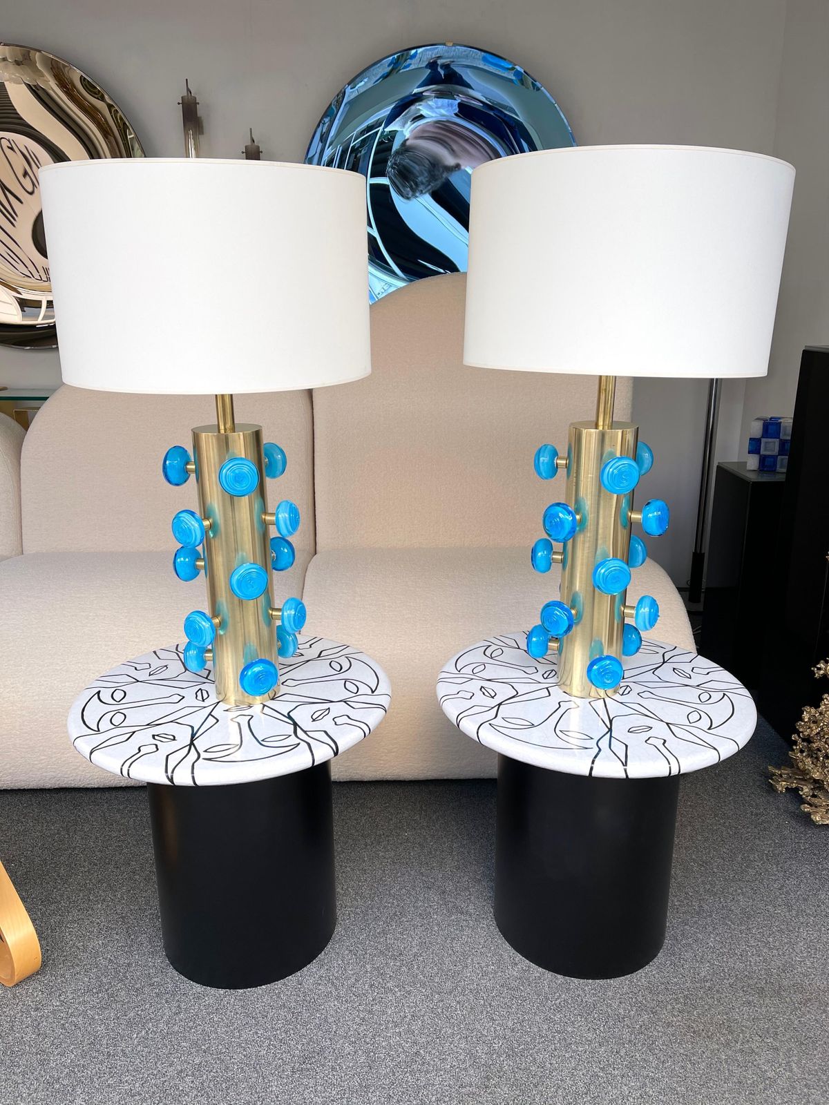 Contemporary Pair Of Brass And Blue Murano Glass Spiral Lamps, Italy photo 3678.0