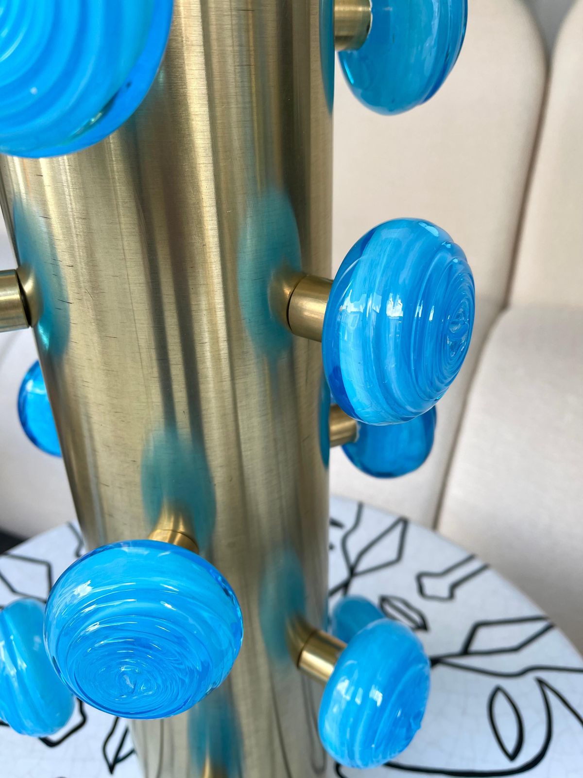 Contemporary Pair Of Brass And Blue Murano Glass Spiral Lamps, Italy photo buy