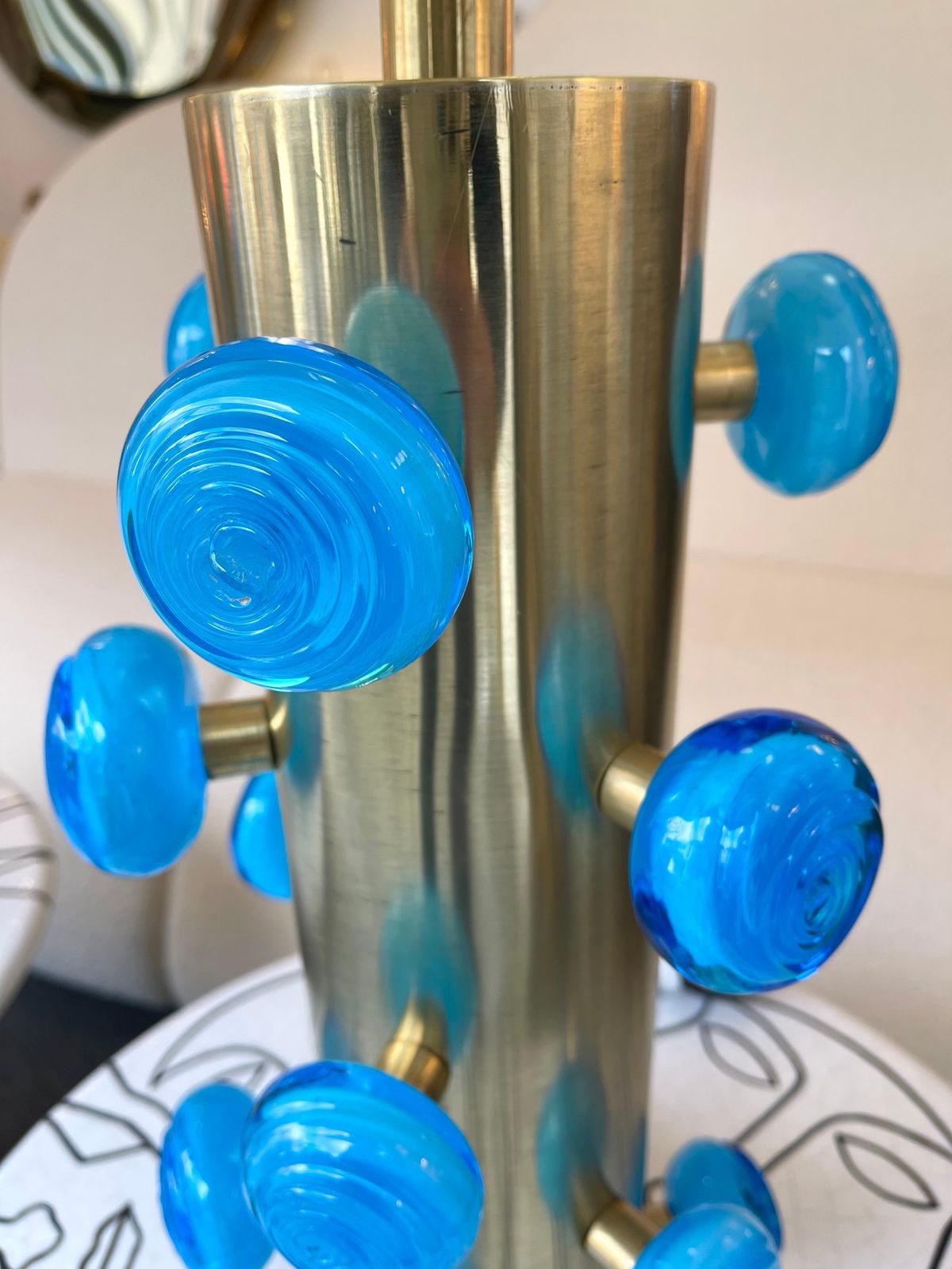 photo furniture Contemporary Pair Of Brass And Blue Murano Glass Spiral Lamps, Italy