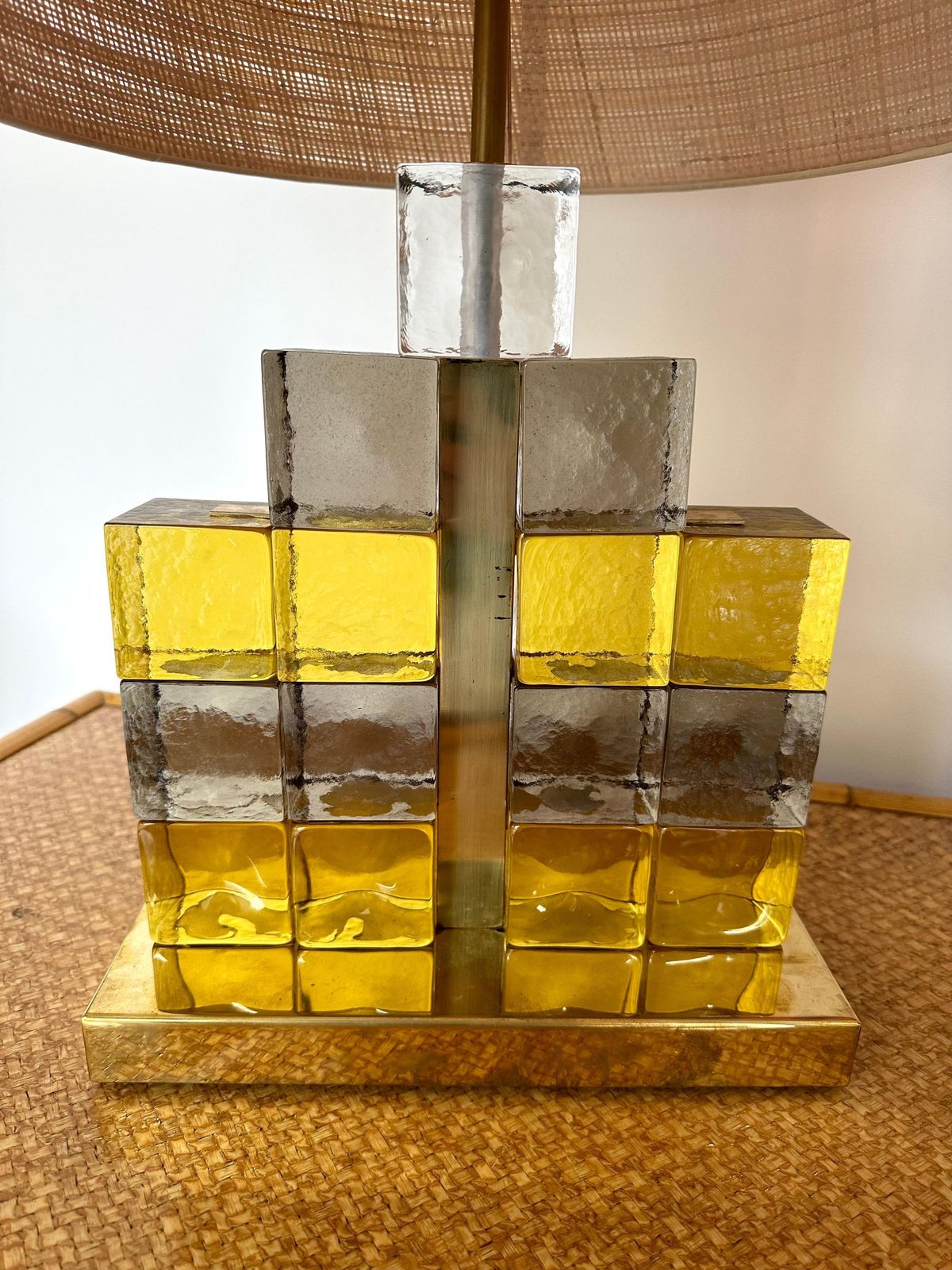 Contemporary Pair Of Brass Lamps Cube Murano Glass Construction, Italy photo vinterior