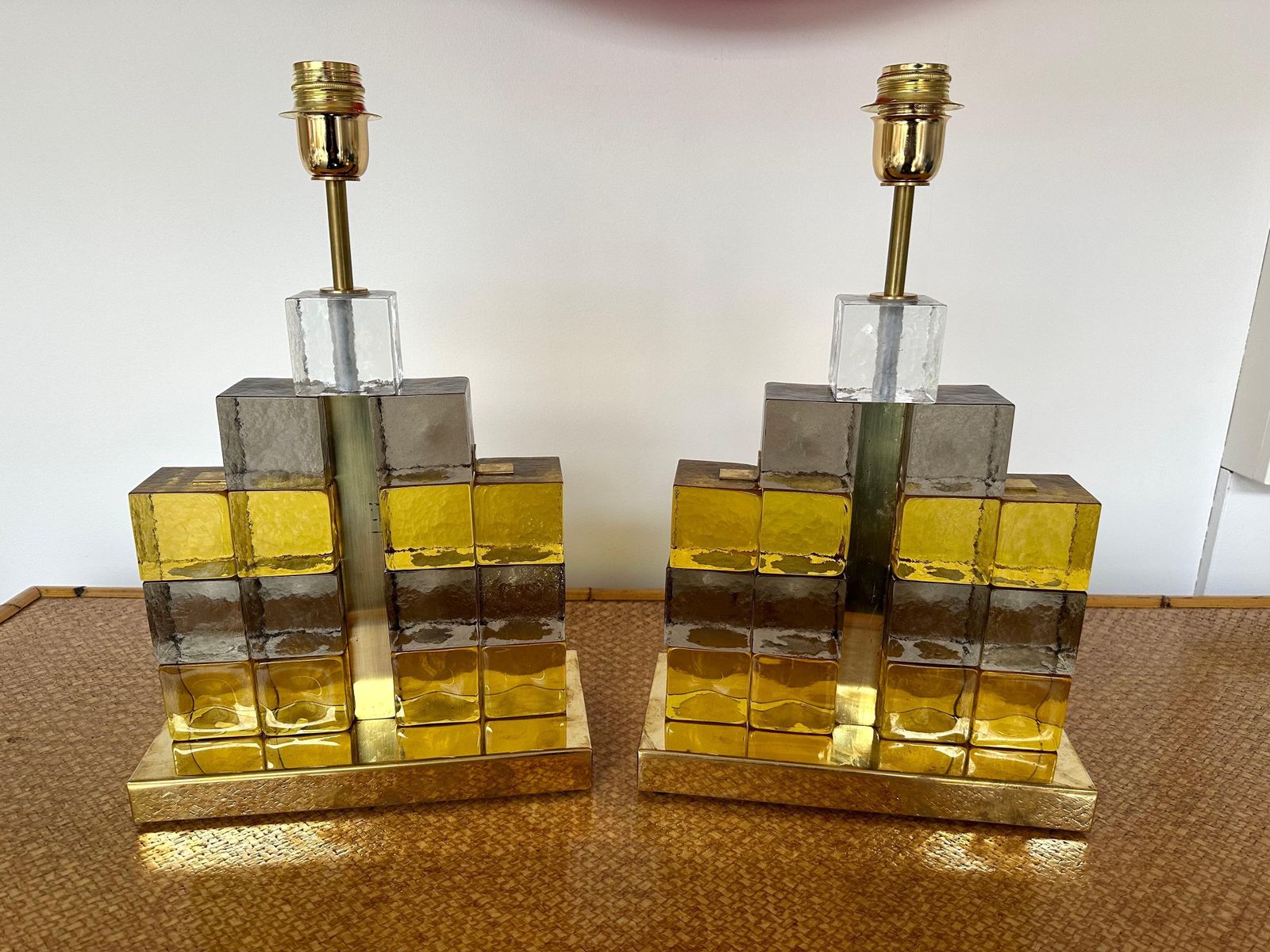 photo buy Contemporary Pair Of Brass Lamps Cube Murano Glass Construction, Italy