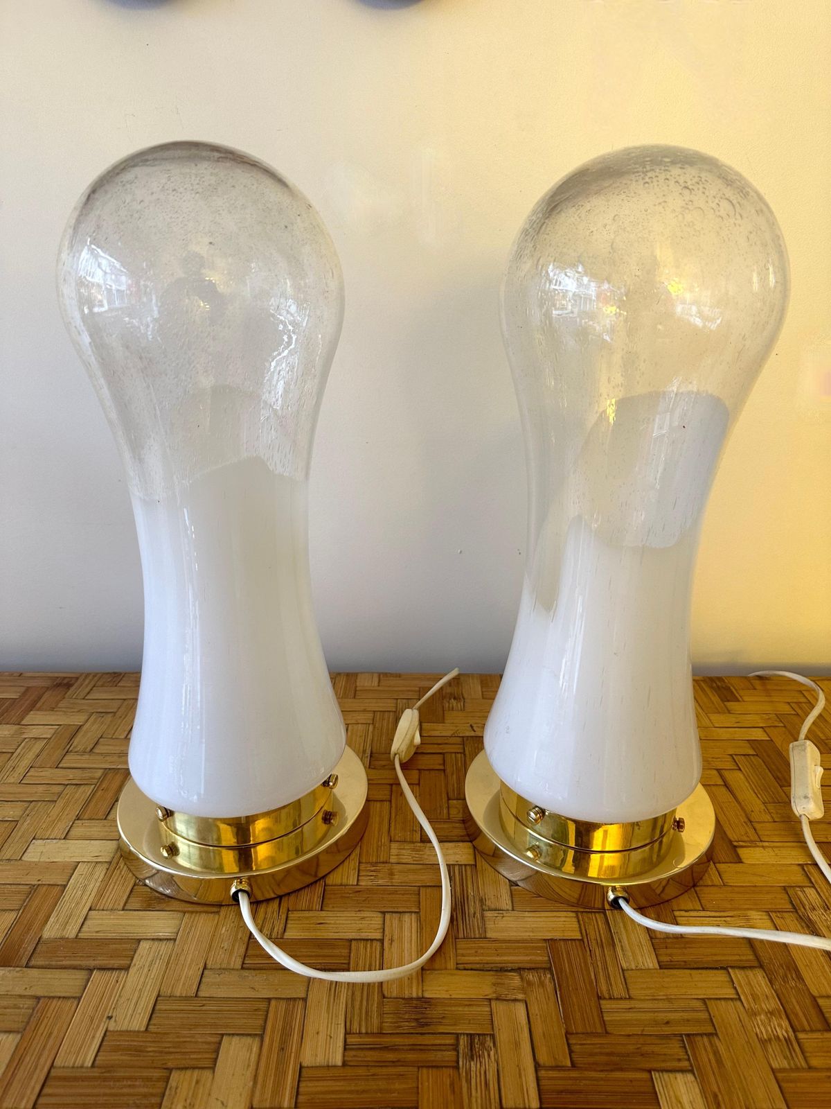 photo for sale Pair Of Murano Glass And Brass Lamps By Mazzega, Italy, 1970s
