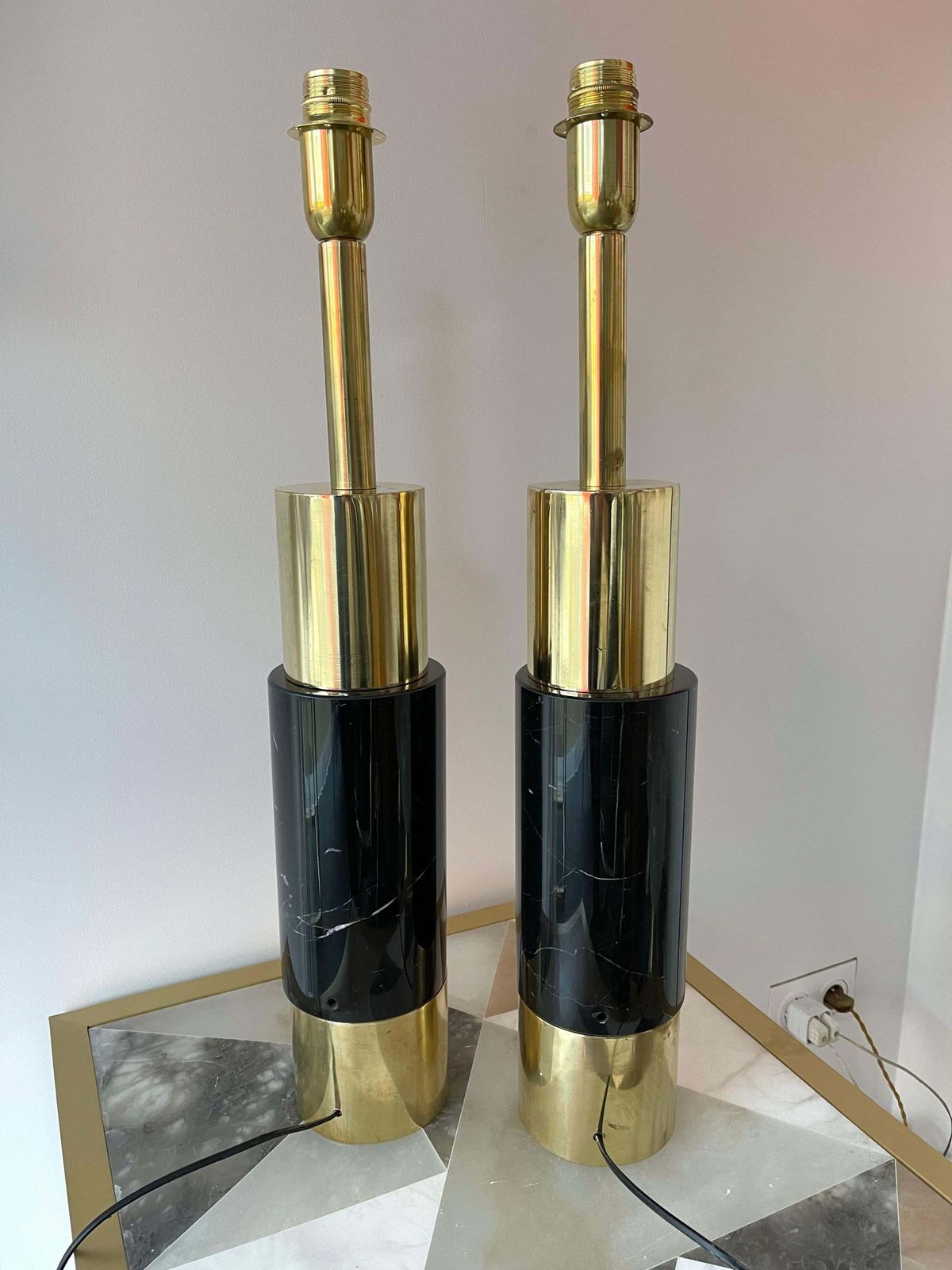 photo for sale Contemporary Pair Of Brass Lamps Black Marble, Italy