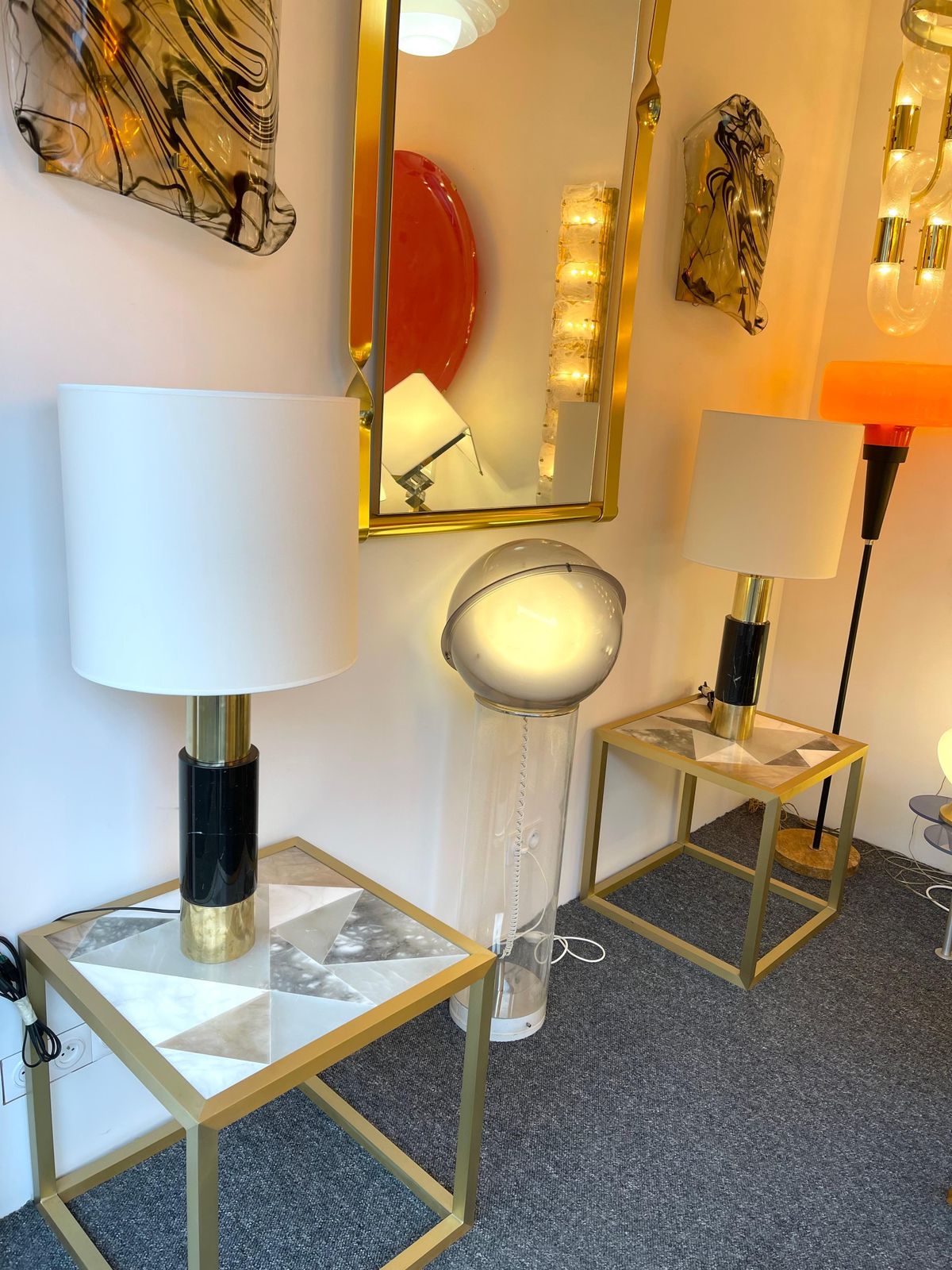 Lighting Contemporary Pair Of Brass Lamps Black Marble, Italy photo