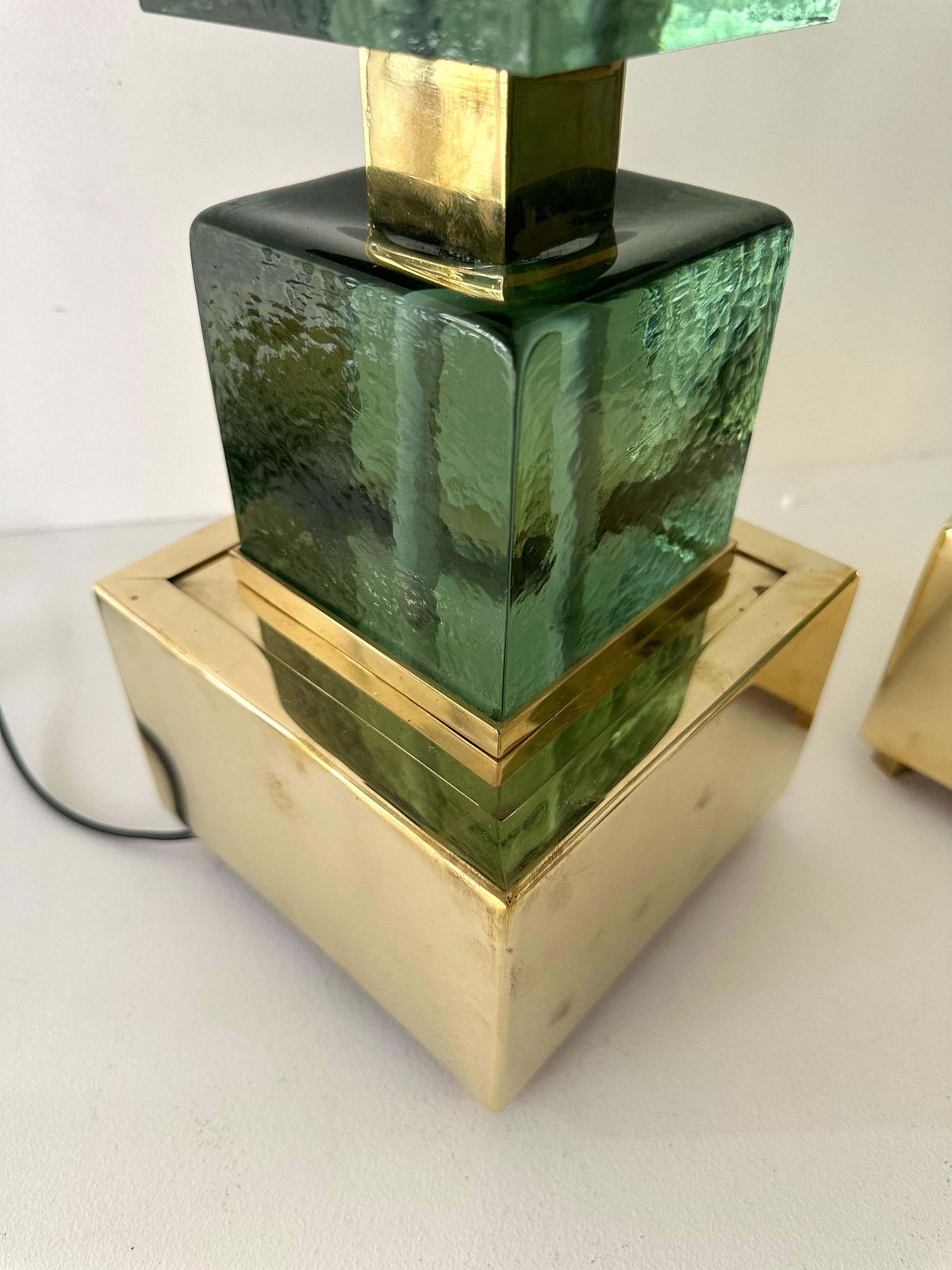 Contemporary Pair Of Brass And Green Murano Glass Cube Lamps, Italy photo for sale