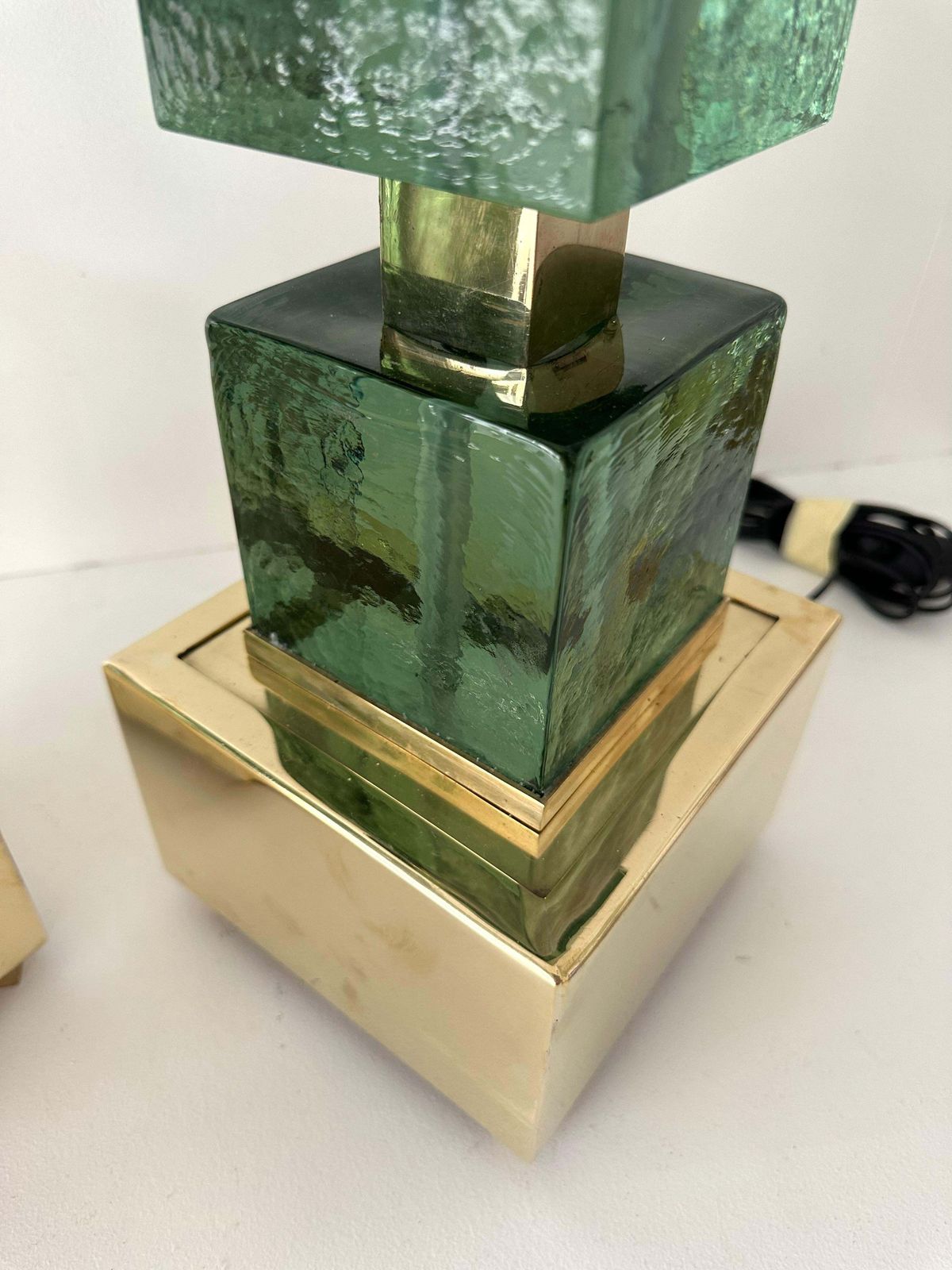 Contemporary Pair Of Brass And Green Murano Glass Cube Lamps, Italy photo Lighting
