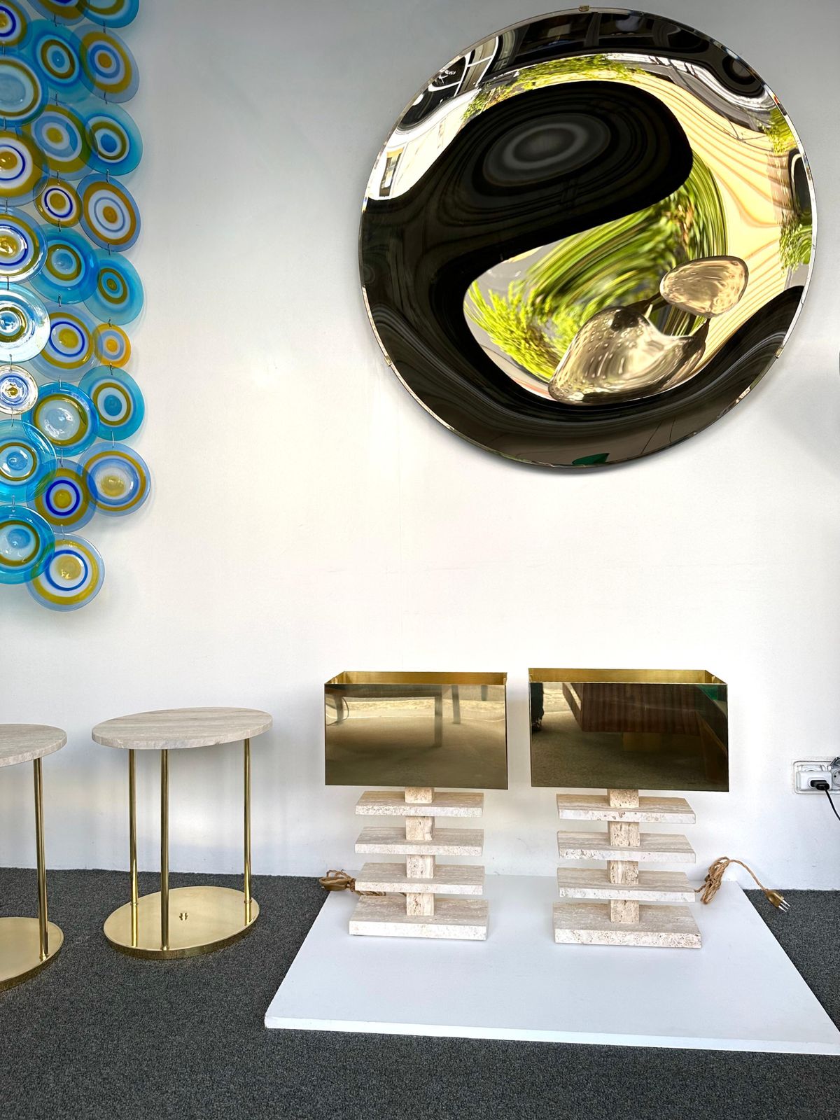 photo furniture Contemporary Pair Of Travertine Blade Lamps And Brass Shades. Italy