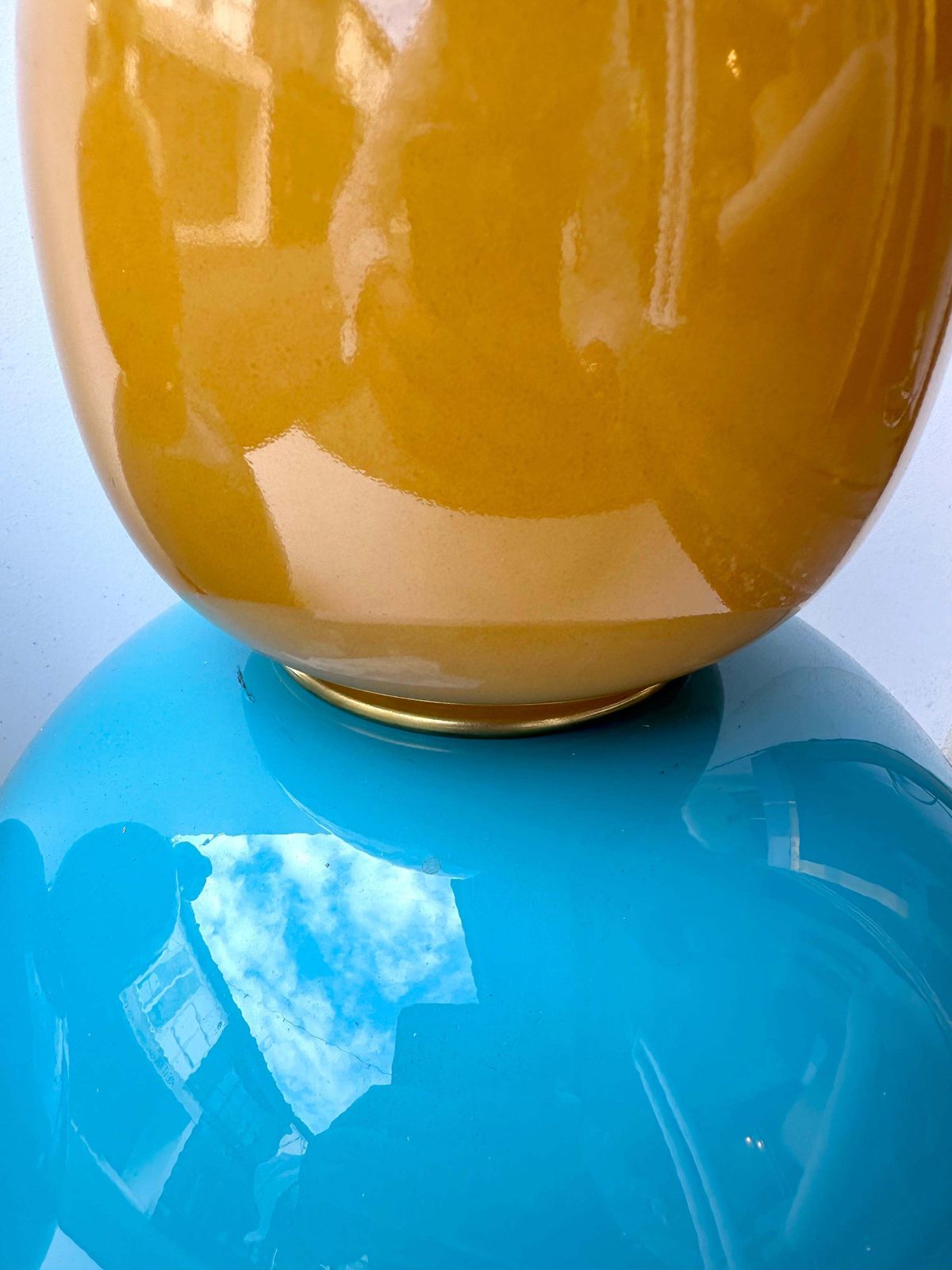 photo for sale Contemporary Pair Of Brass And Colored Bulb Murano Glass Lamps, Italy