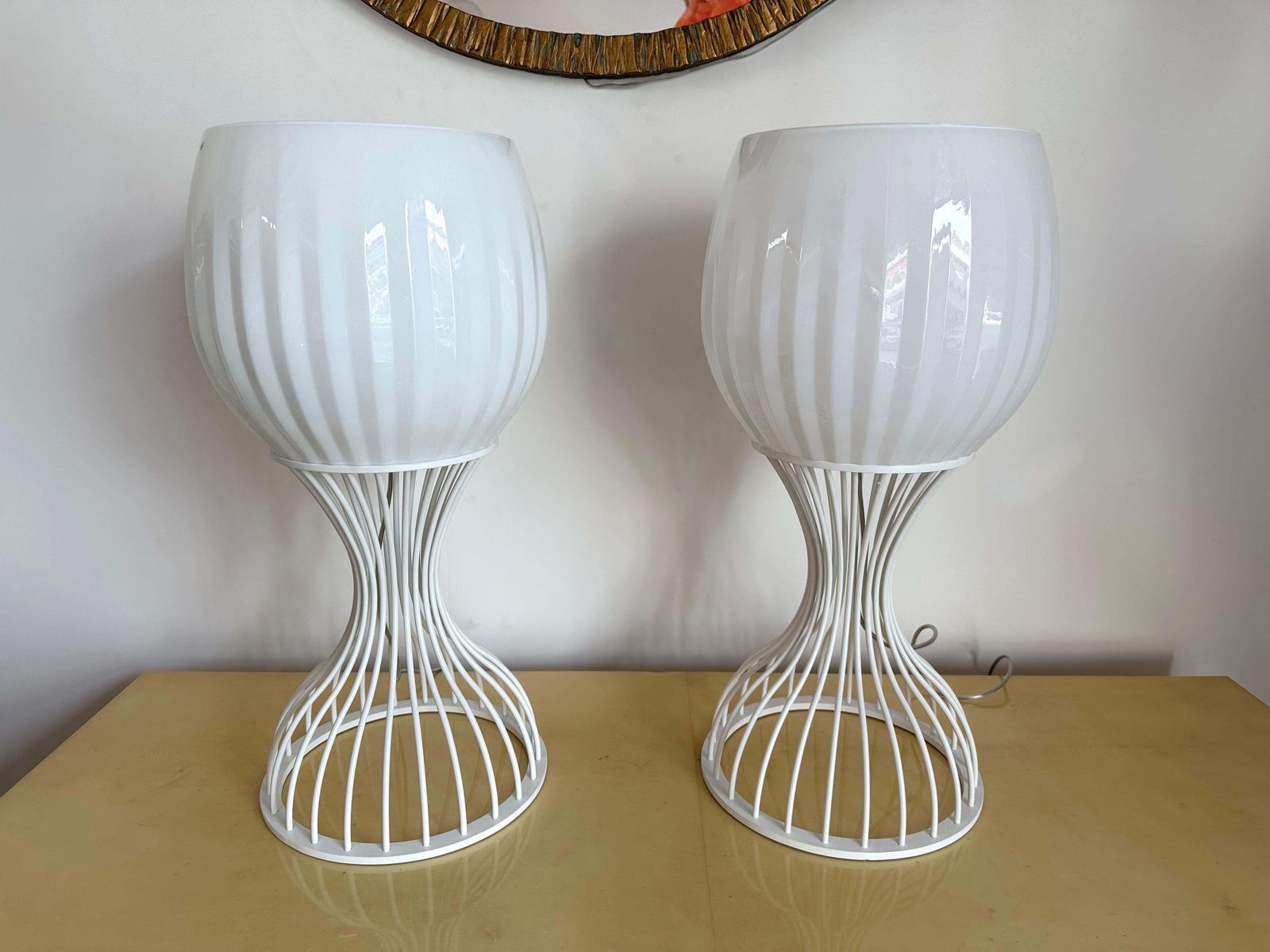Lighting Pair Of Lamps Cup Murano Glass And White Metal By Vistosi, Italy, 1990s photo