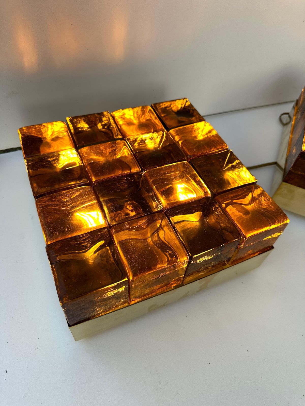 Contemporary Pair Of Brass And Murano Glass Cube Marquetry Lamps, Italy photo buy