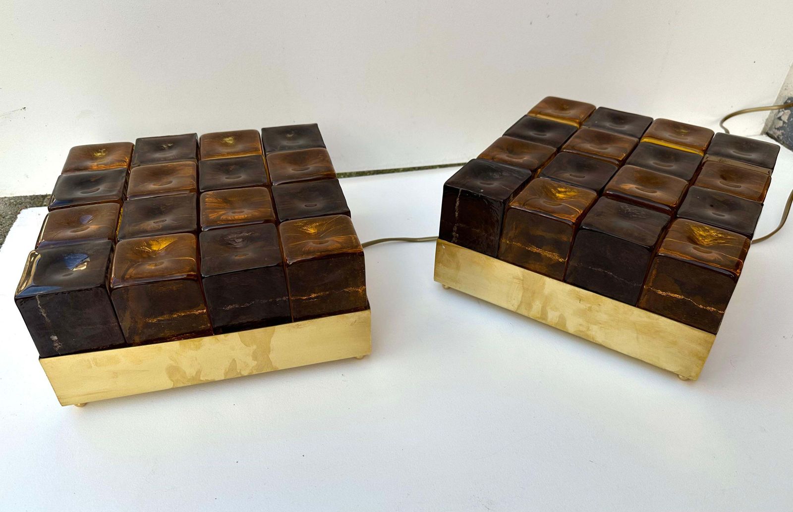 Contemporary Pair Of Brass And Murano Glass Cube Marquetry Lamps, Italy photo vintage
