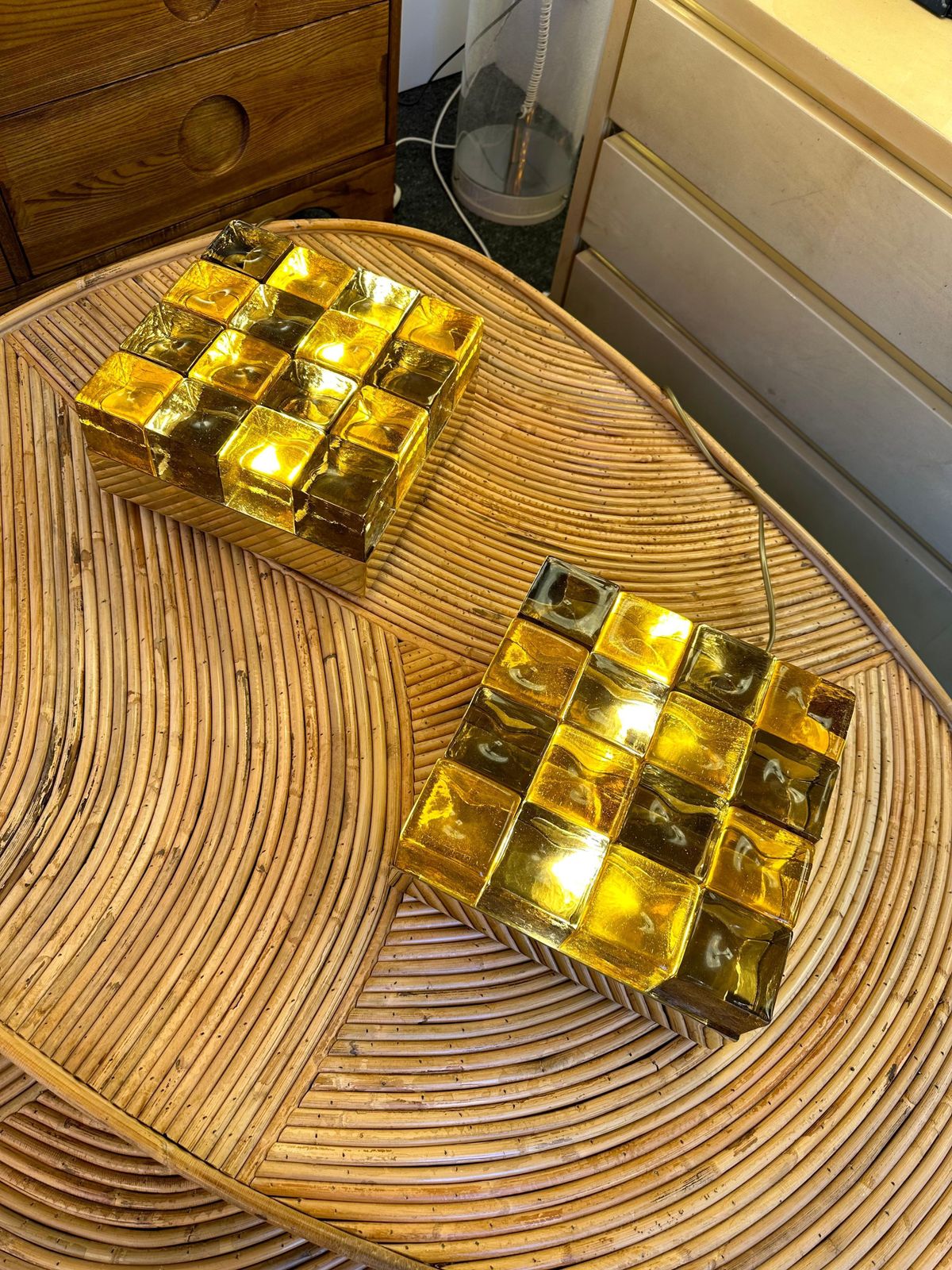 photo furniture Contemporary Pair Of Brass And Murano Glass Cube Marquetry Lamps, Italy