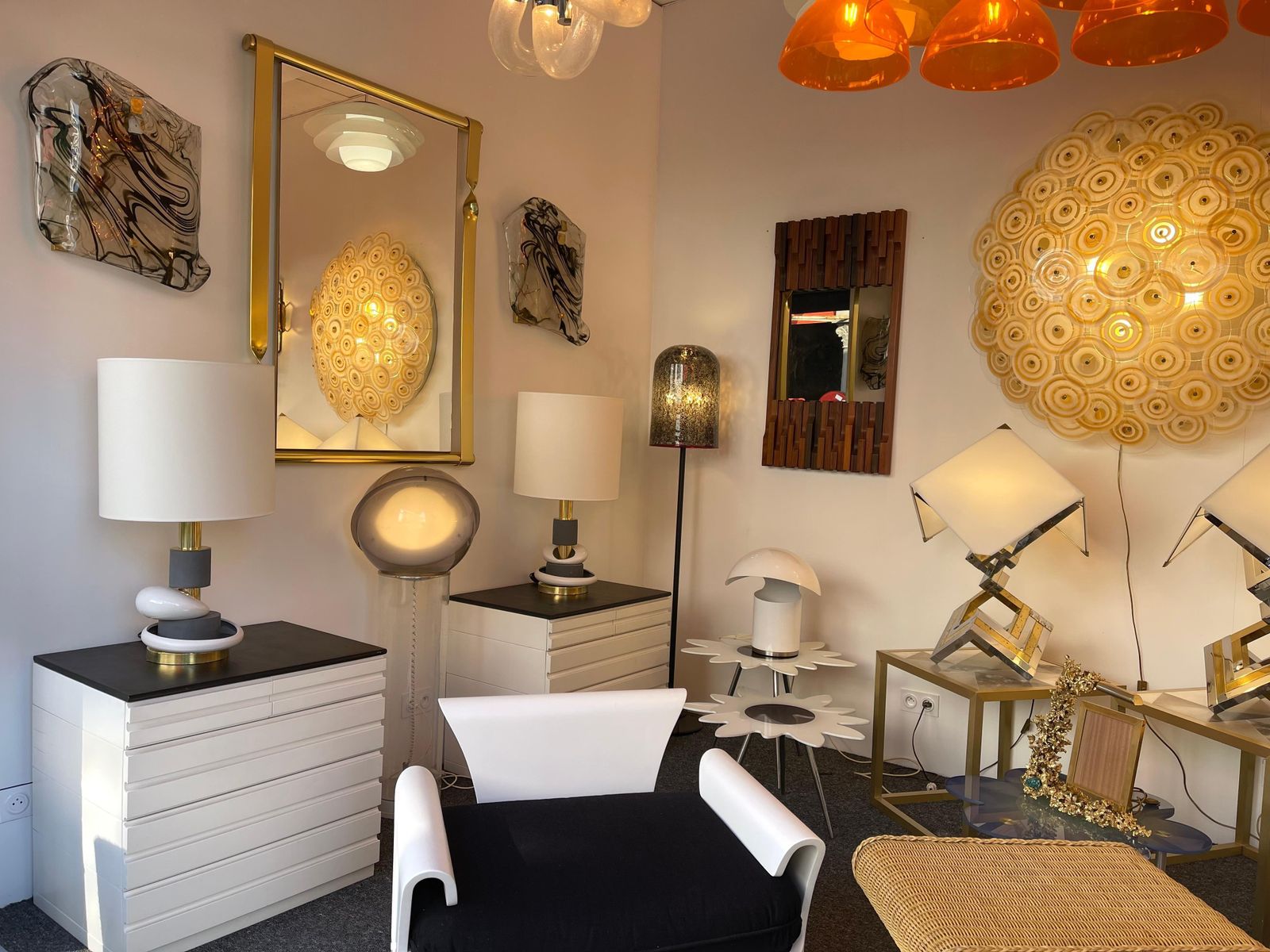 Contemporary Pair Of Sculptural Brass Ceramic Stone Lamps, Italy photo furniture