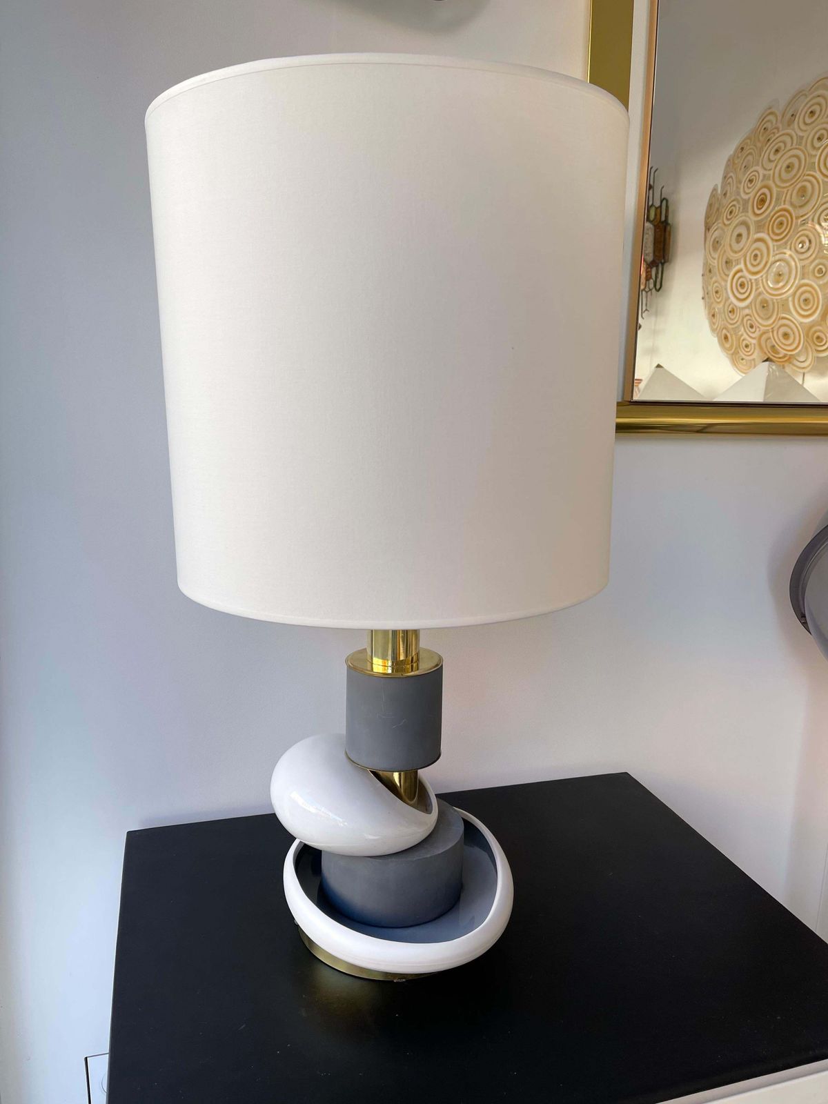 Contemporary Pair Of Sculptural Brass Ceramic Stone Lamps, Italy photo 3849.0