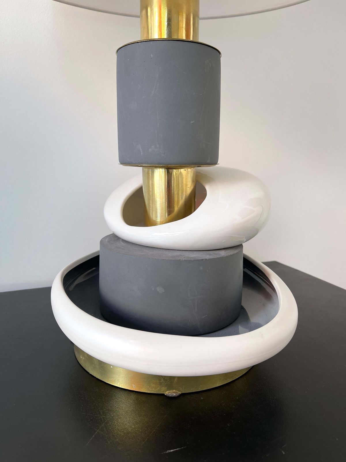 Contemporary Pair Of Sculptural Brass Ceramic Stone Lamps, Italy photo buy