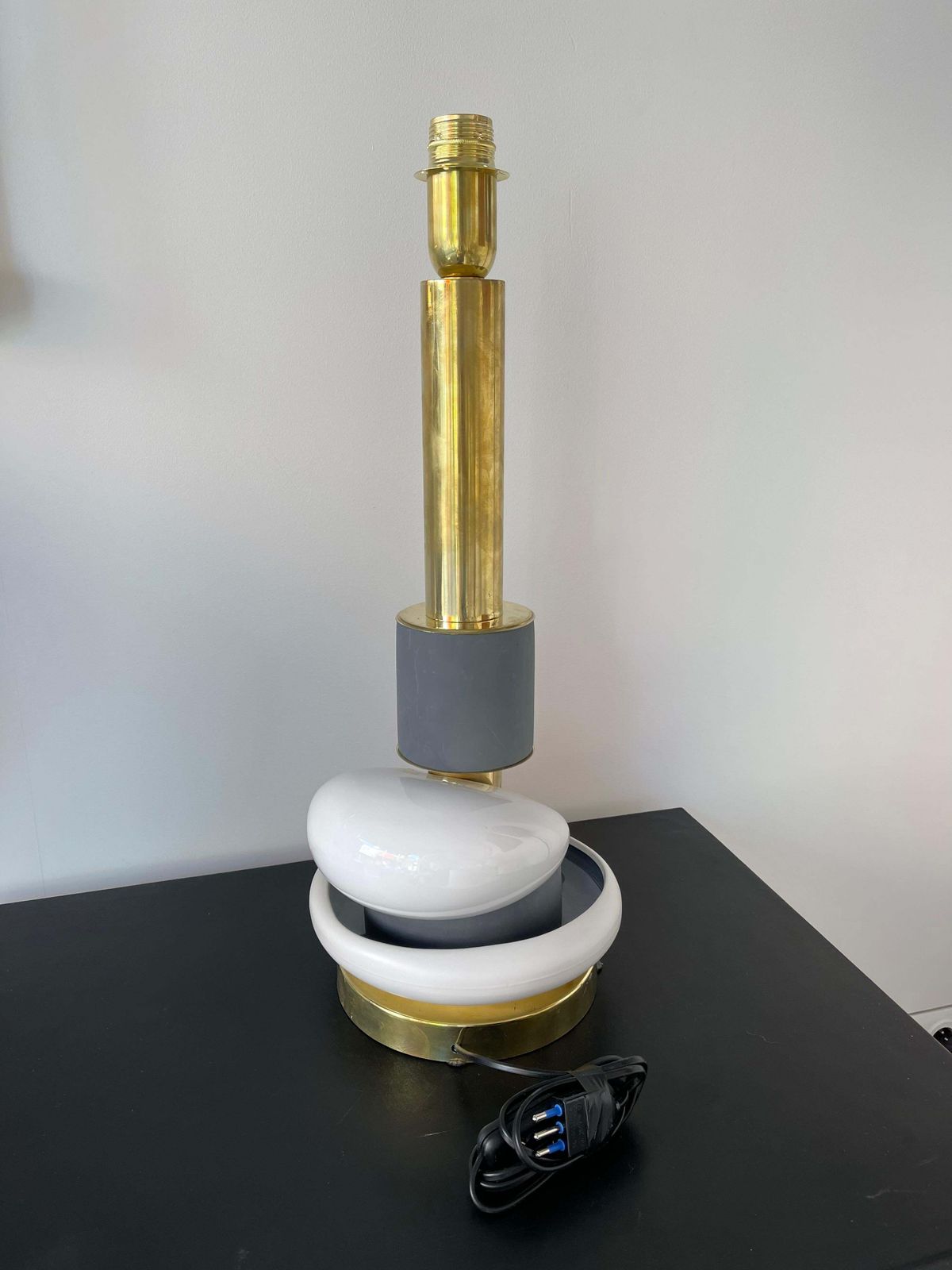photo furniture Contemporary Pair Of Sculptural Brass Ceramic Stone Lamps, Italy