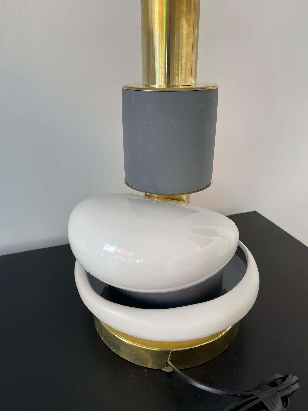 photo for sale Contemporary Pair Of Sculptural Brass Ceramic Stone Lamps, Italy