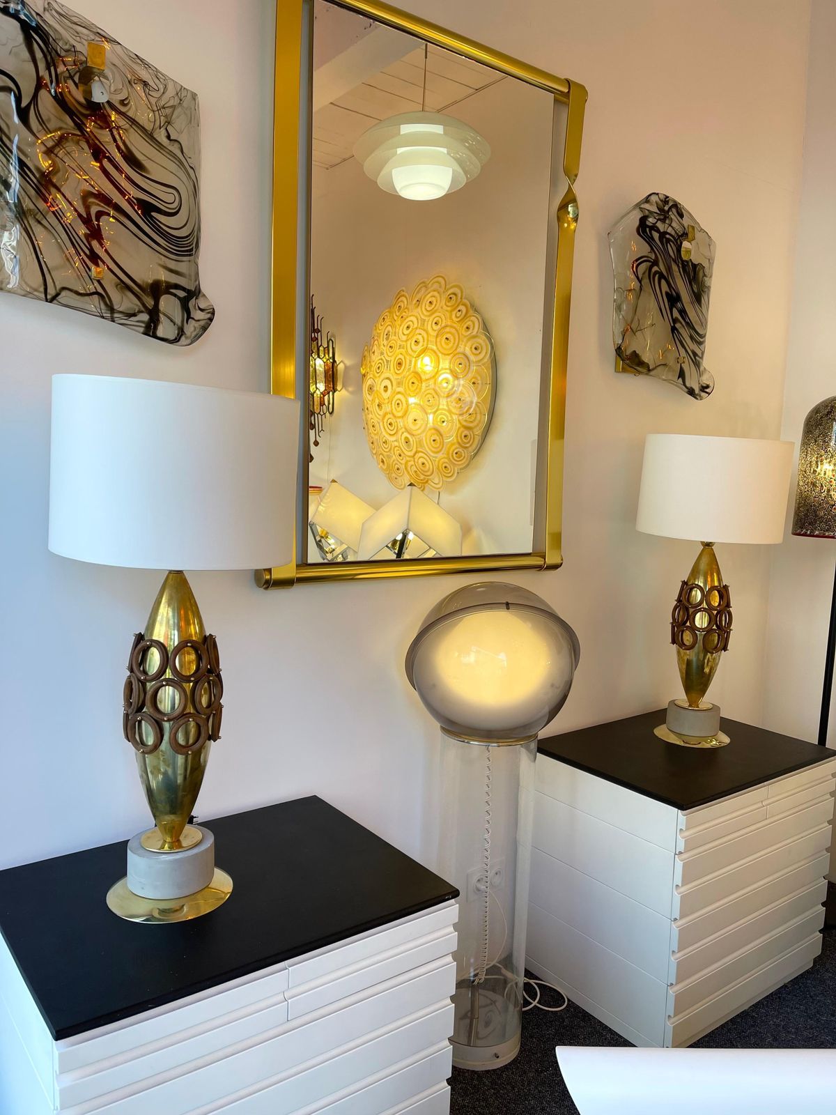 Contemporary Pair Of Brass And Wood Rings Lamps, Italy photo buy
