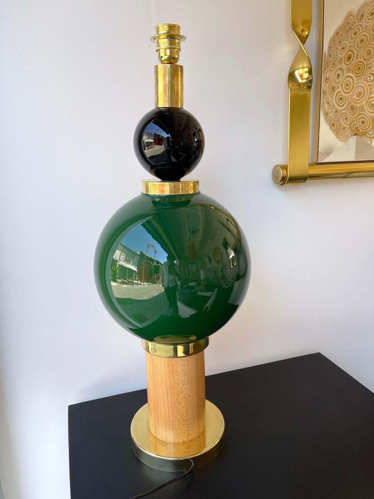 Contemporary Pair Of Brass Murano Glass And Wood Lamps, Italy photo furniture