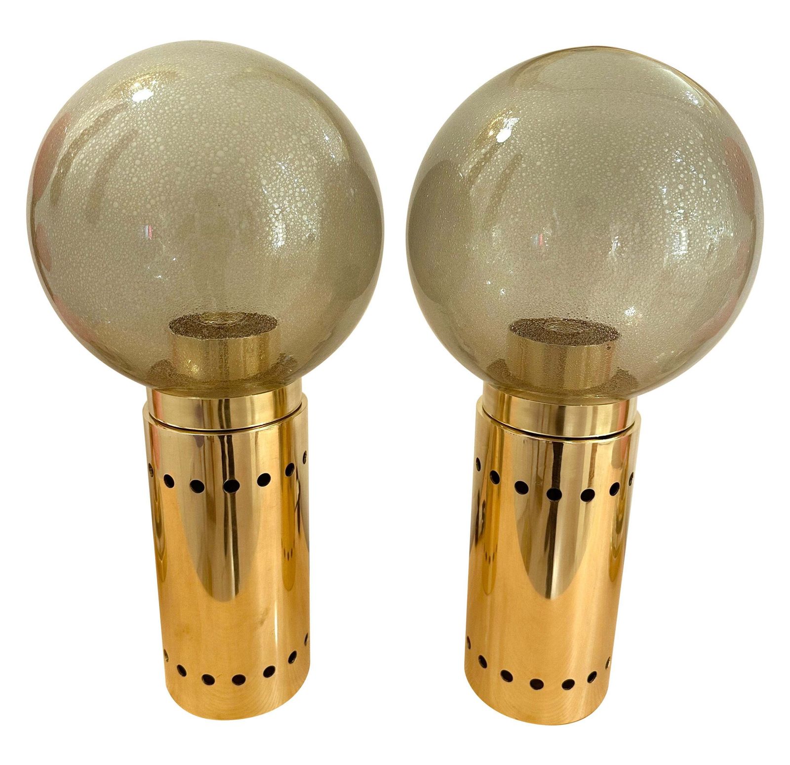 Contemporary Pair Of Brass And Gray Murano Glass Globe Lamps, Italy