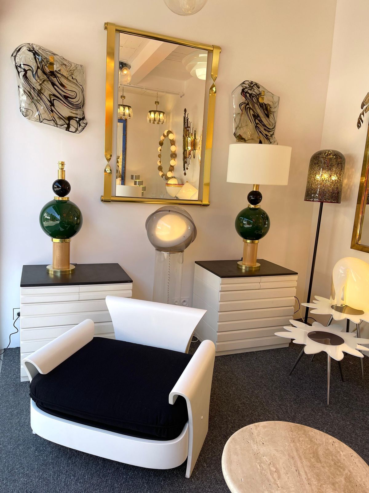 photo for sale Contemporary Pair Of Brass Murano Glass And Wood Lamps, Italy