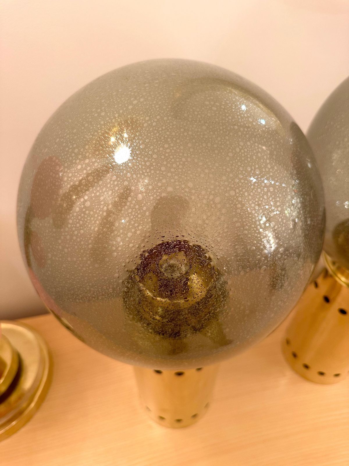 Contemporary Pair Of Brass And Gray Murano Glass Globe Lamps, Italy photo 3935.0