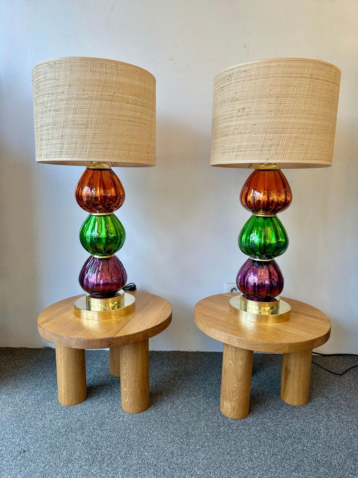 Contemporary Pair Of Brass And Colored Mirrored Murano Glass Lamps, Italy photo for sale